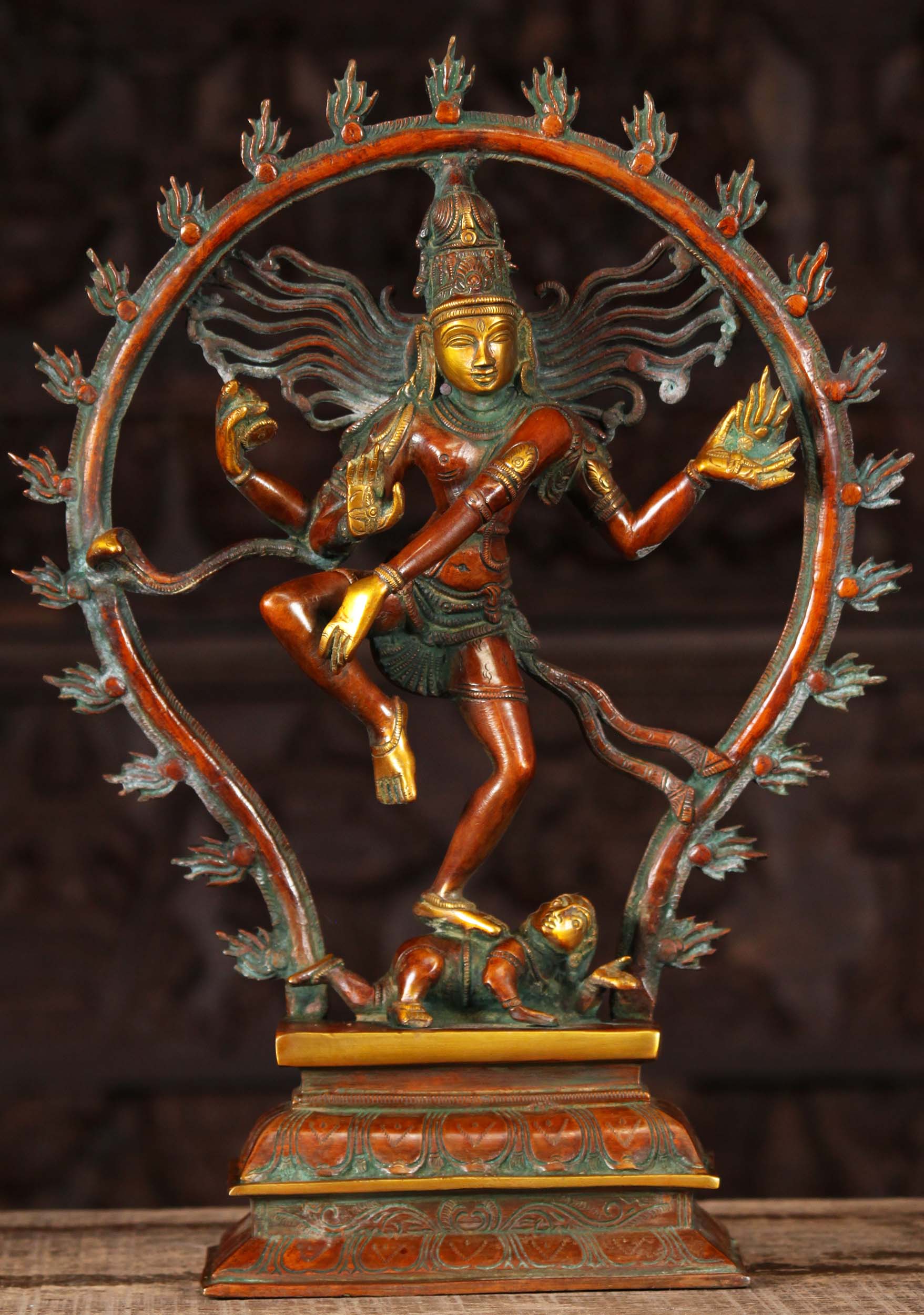 Brass Shiva the Hindu God of Destruction Statue Dancing on Dwarf Surrounded by Fiery Arch 16"