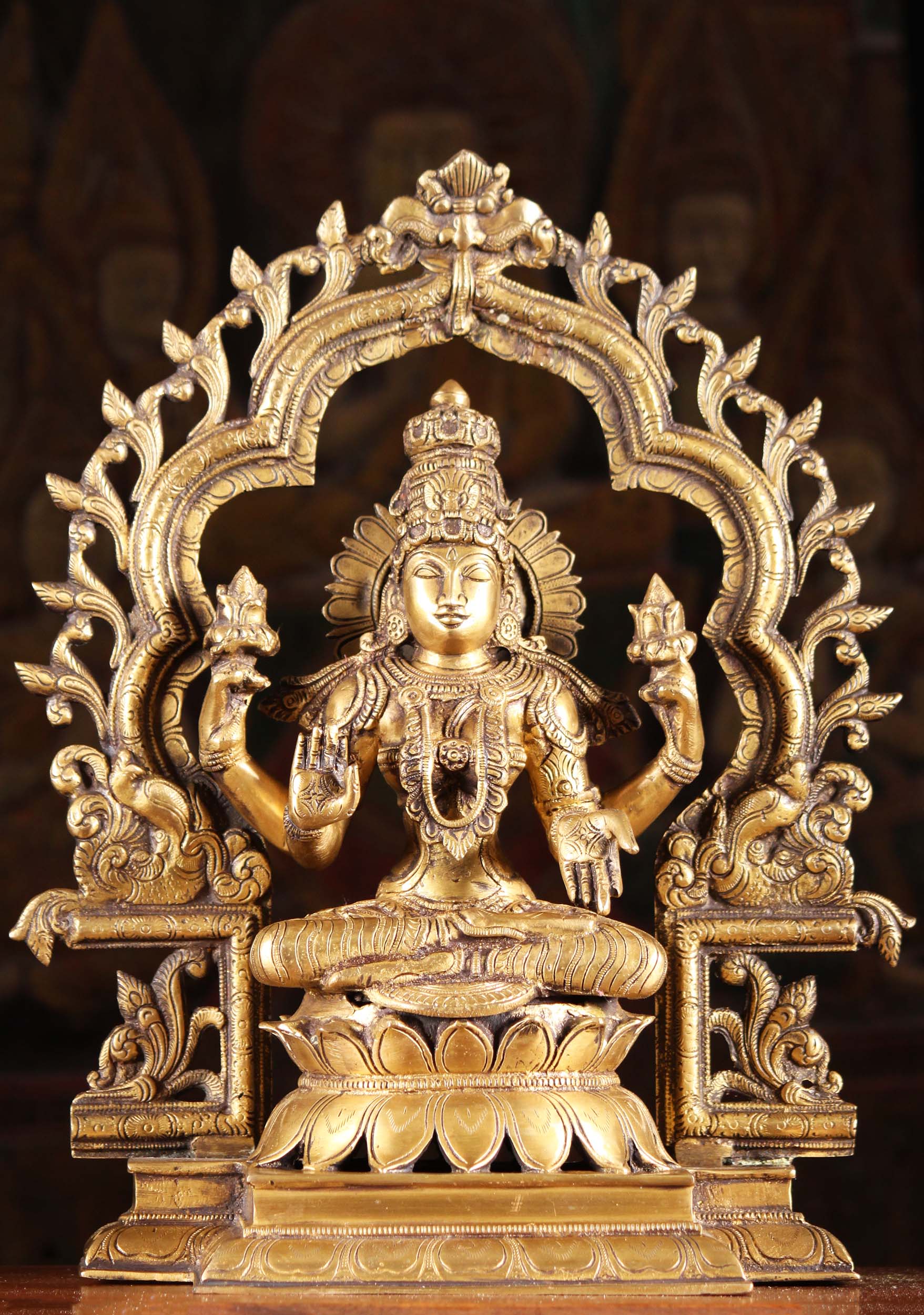 Brass Hindu Goddess of Wealth Lakshmi Statue Seated Holding 2 Lotus Flowers 16"