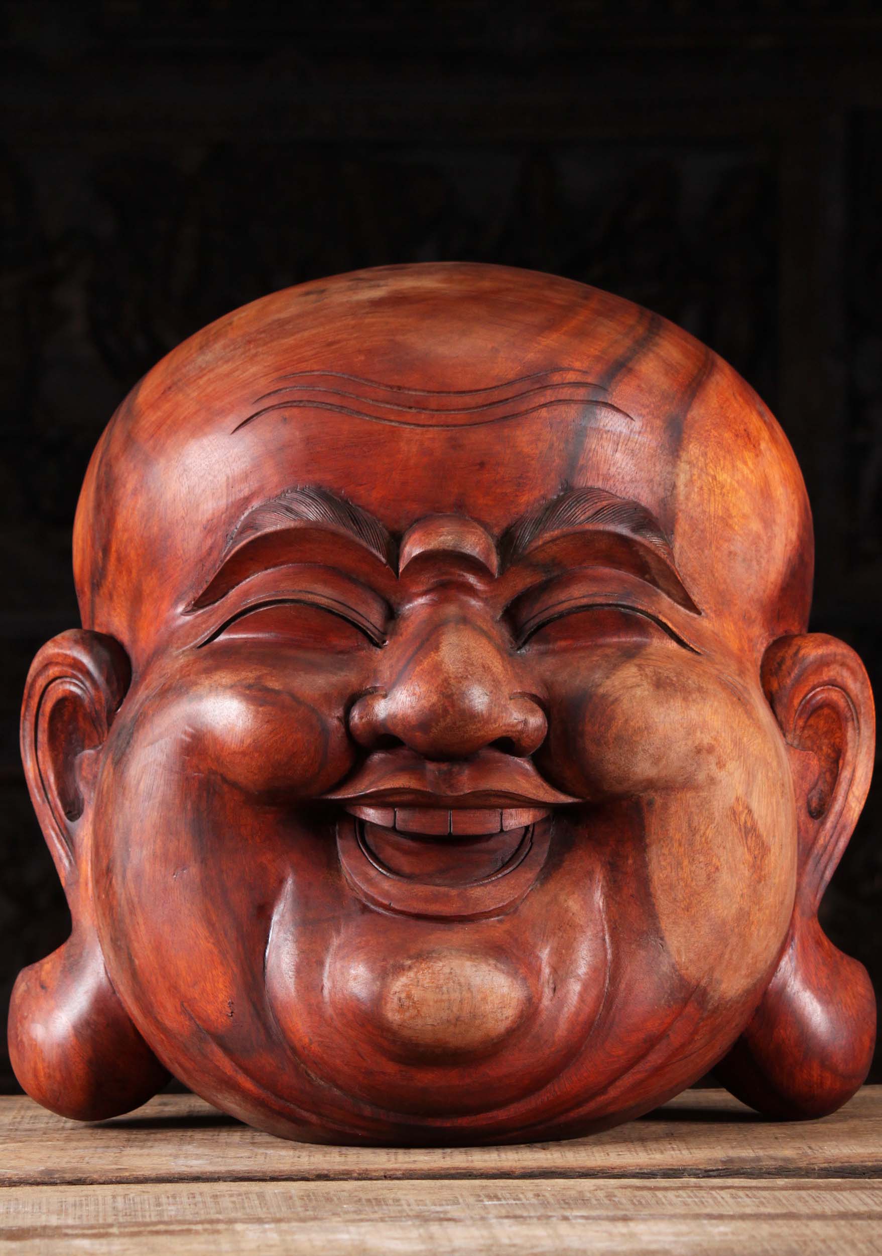 Wooden Smiling Fat & Happy Buddha Face Wall Hanging with Pure Joy Enlightening His Face 20"