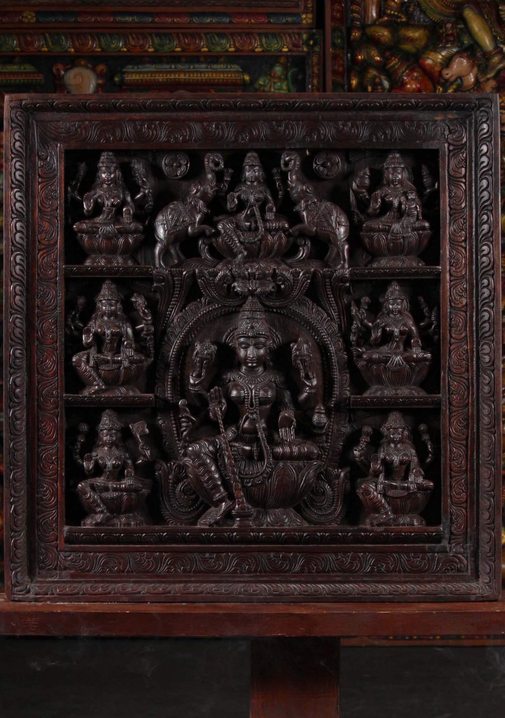 Wooden Hindu Wall Panel of Ashta Lakshmi Displaying 8 Poses of the Goddess Lakshmi 30.5"