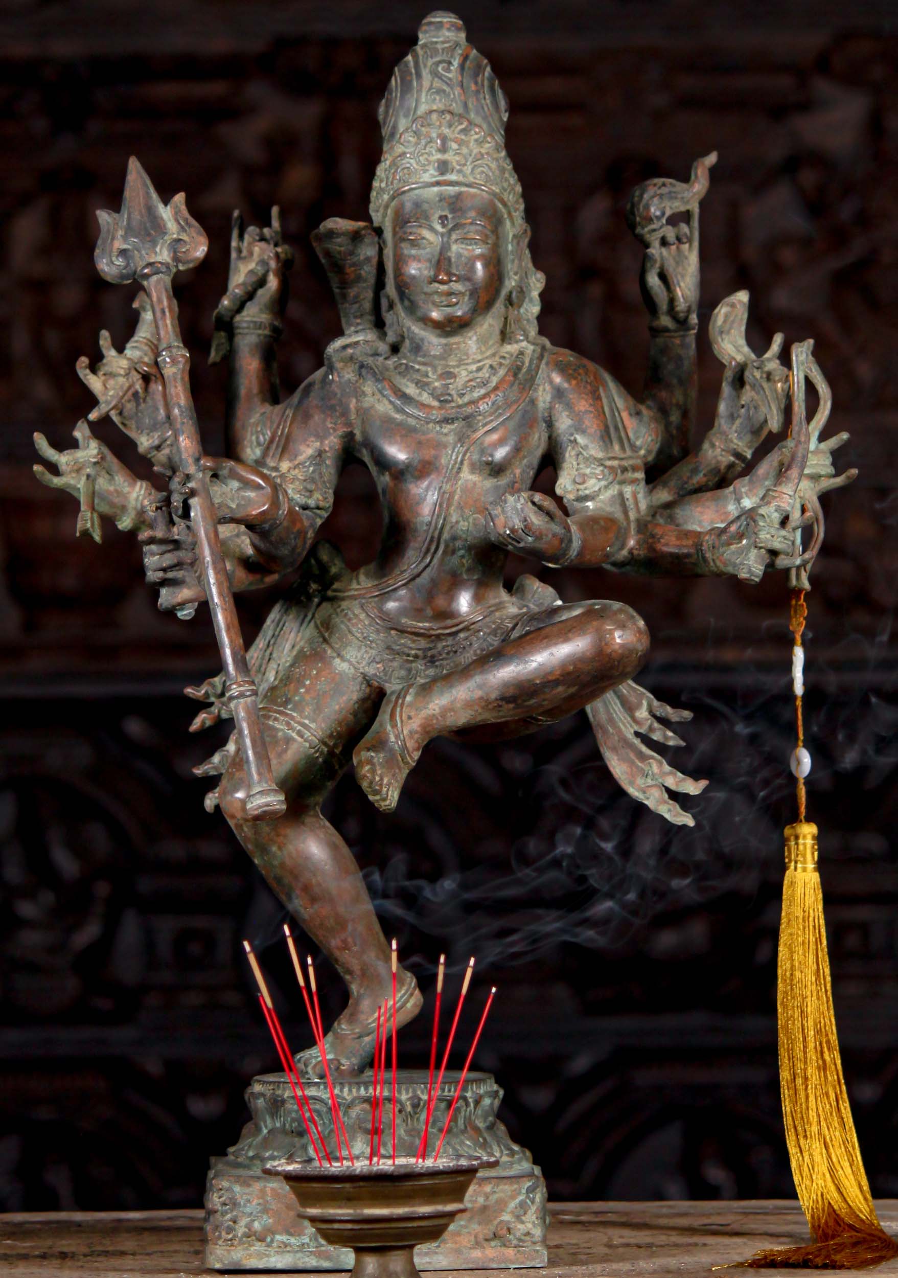 Brass Dancing Shiva Statue With 10 Arms Holding a Trident with Rich Antique Green Patina 24"