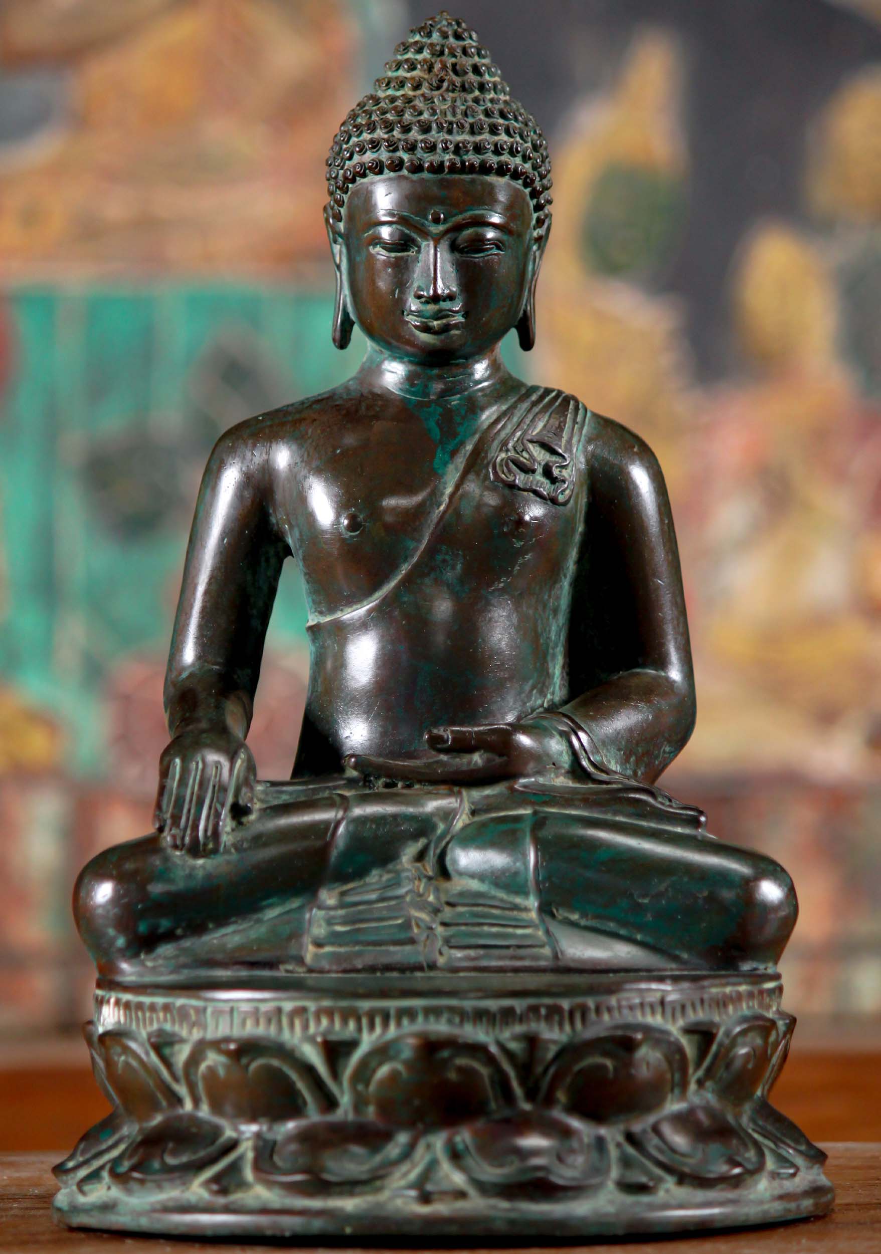 Brass Seated Earth Touching Buddha Sculpture Antique Green Patina Statue 12"