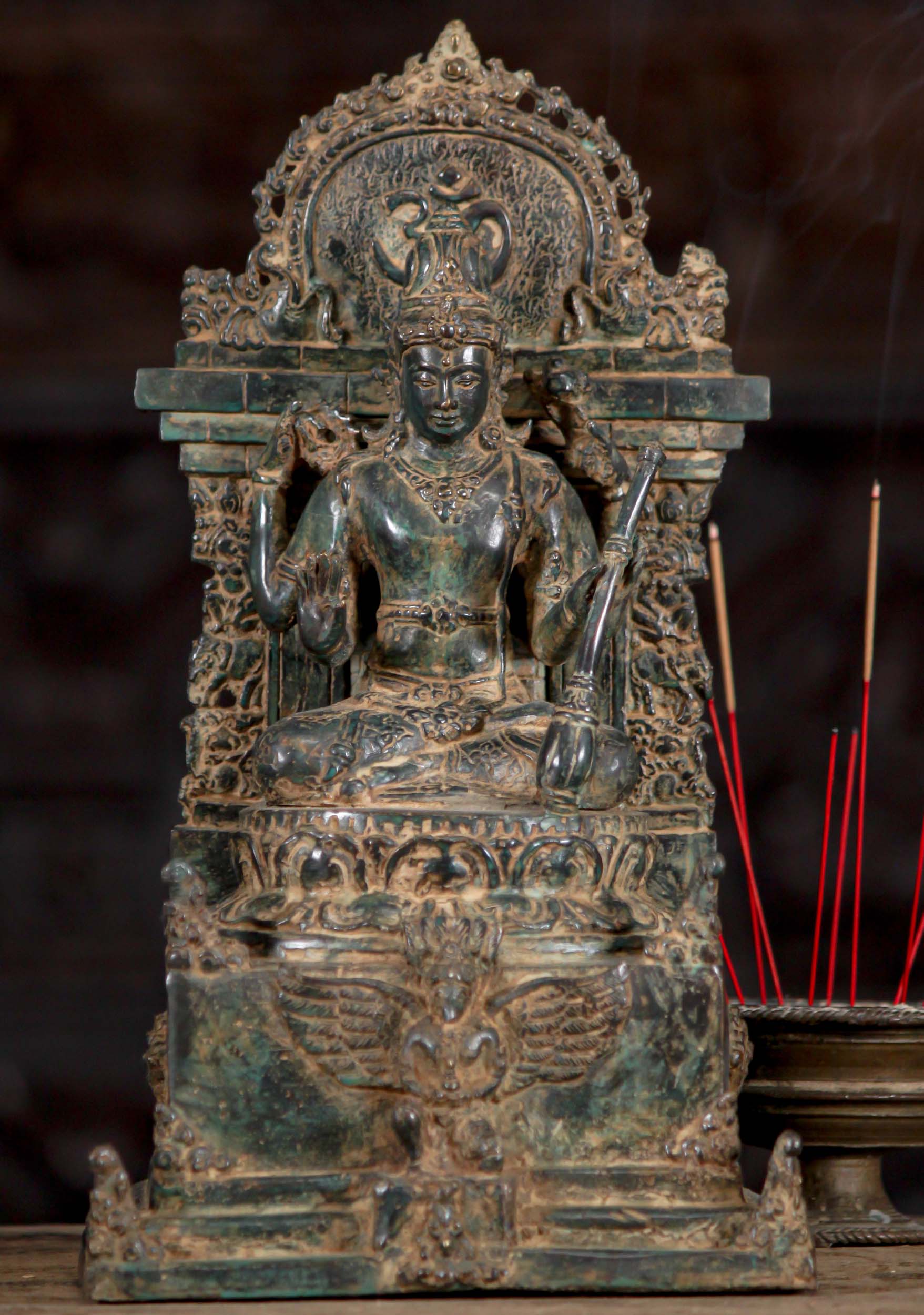 Balinese Brass Vishnu the Preserver Statue in Abhaya Mudra Seated on Throne with Garuda 12.5"