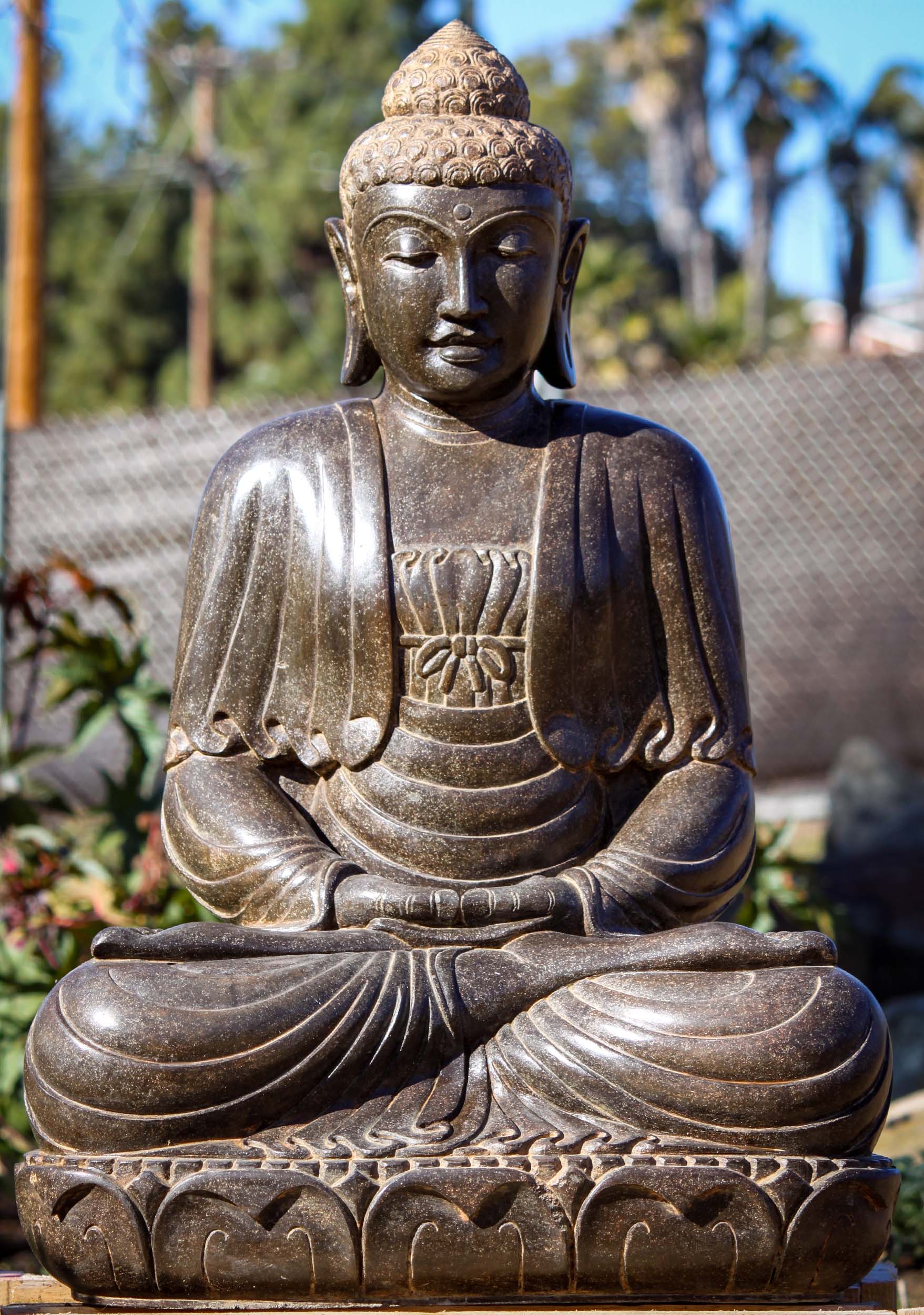 Stone Meditating Buddha Statue Wearing Full Robes Hand Carved Outdoor Garden Sculpture 39"