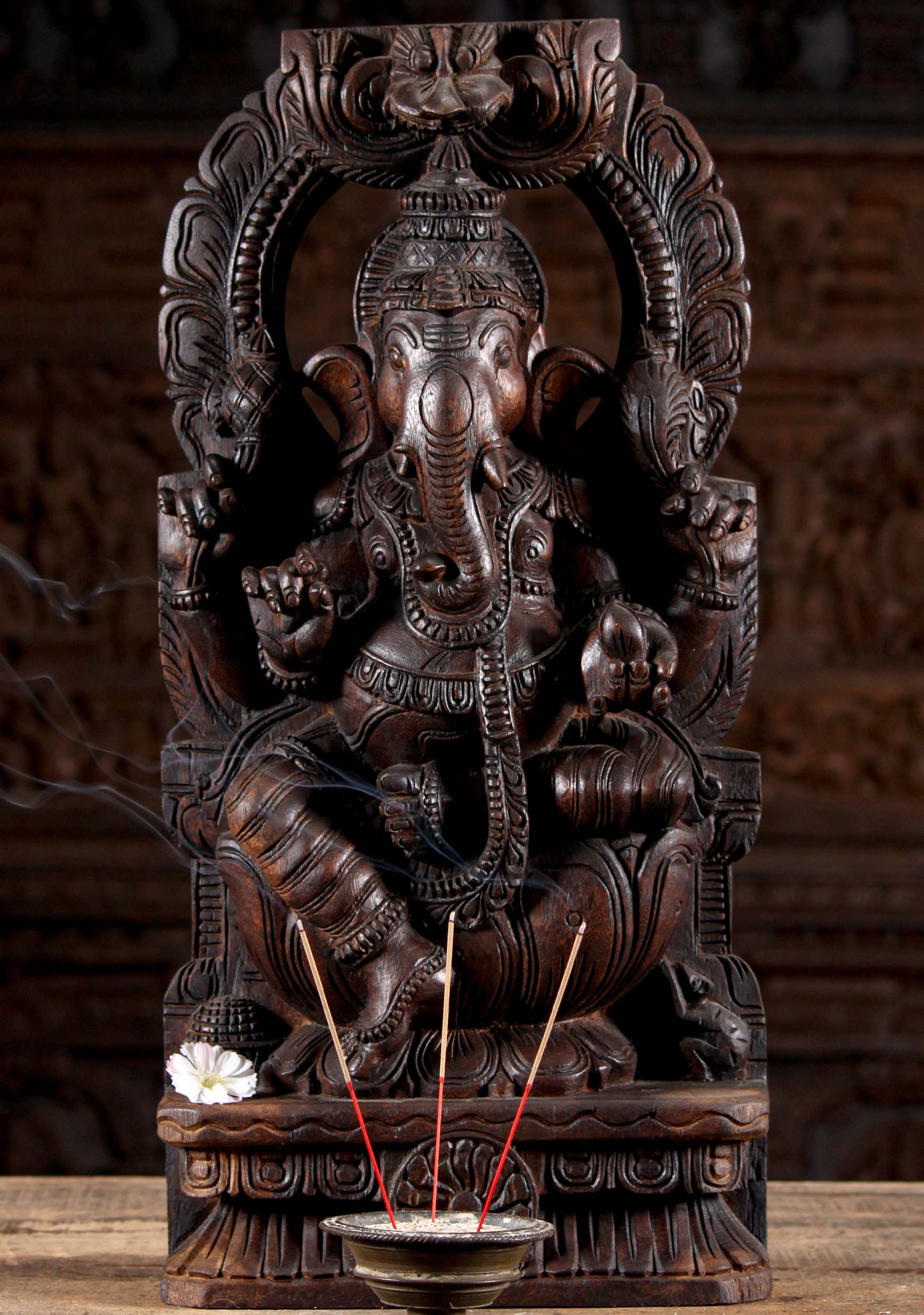 Wooden Ganesha Seated Under Arch Hand Carved Neem Wood Sculpture 24"