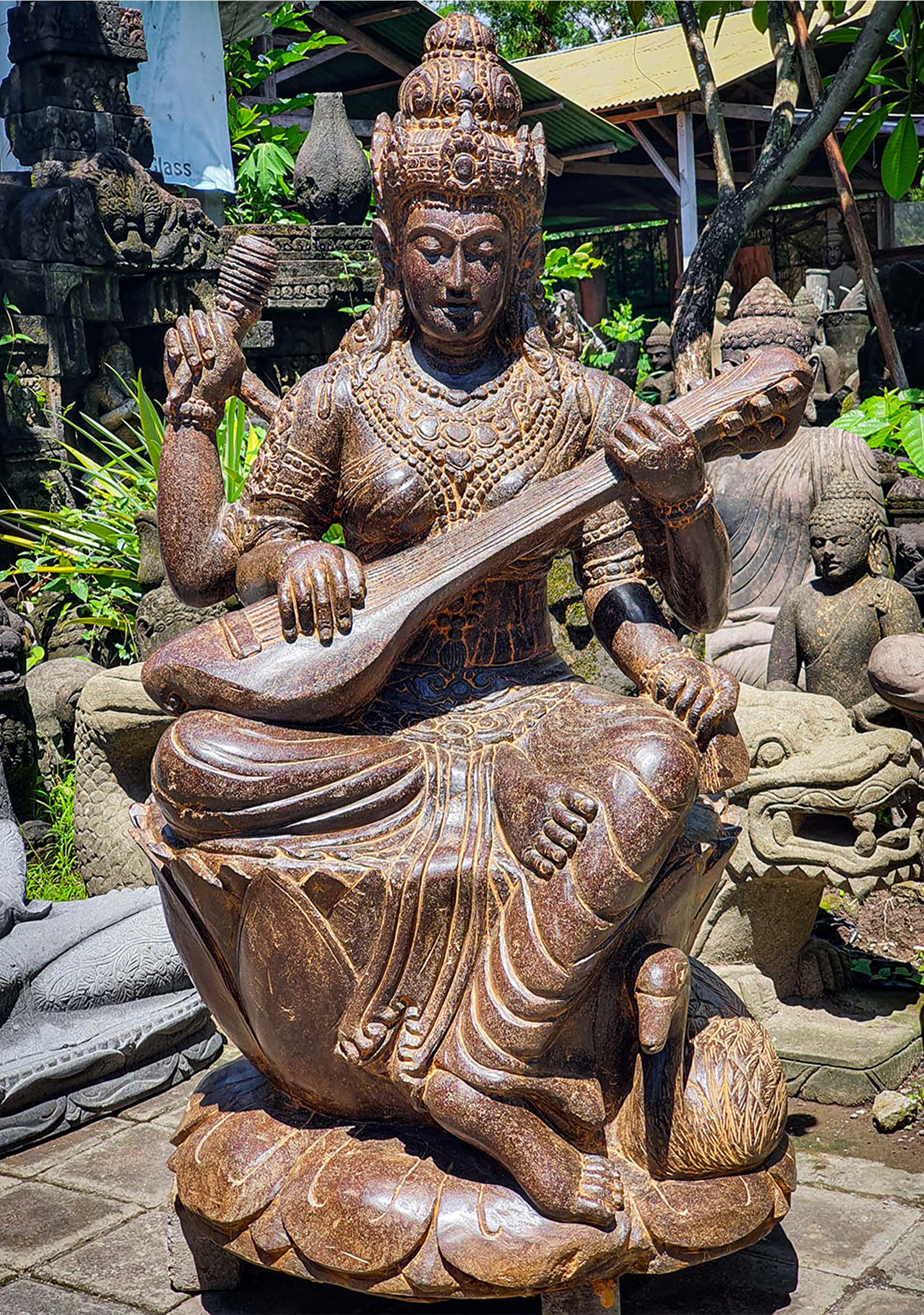 Large Lava Stone Garden Sculpture Saraswati Goddess of Wisdom Perfect for Outdoors 51"