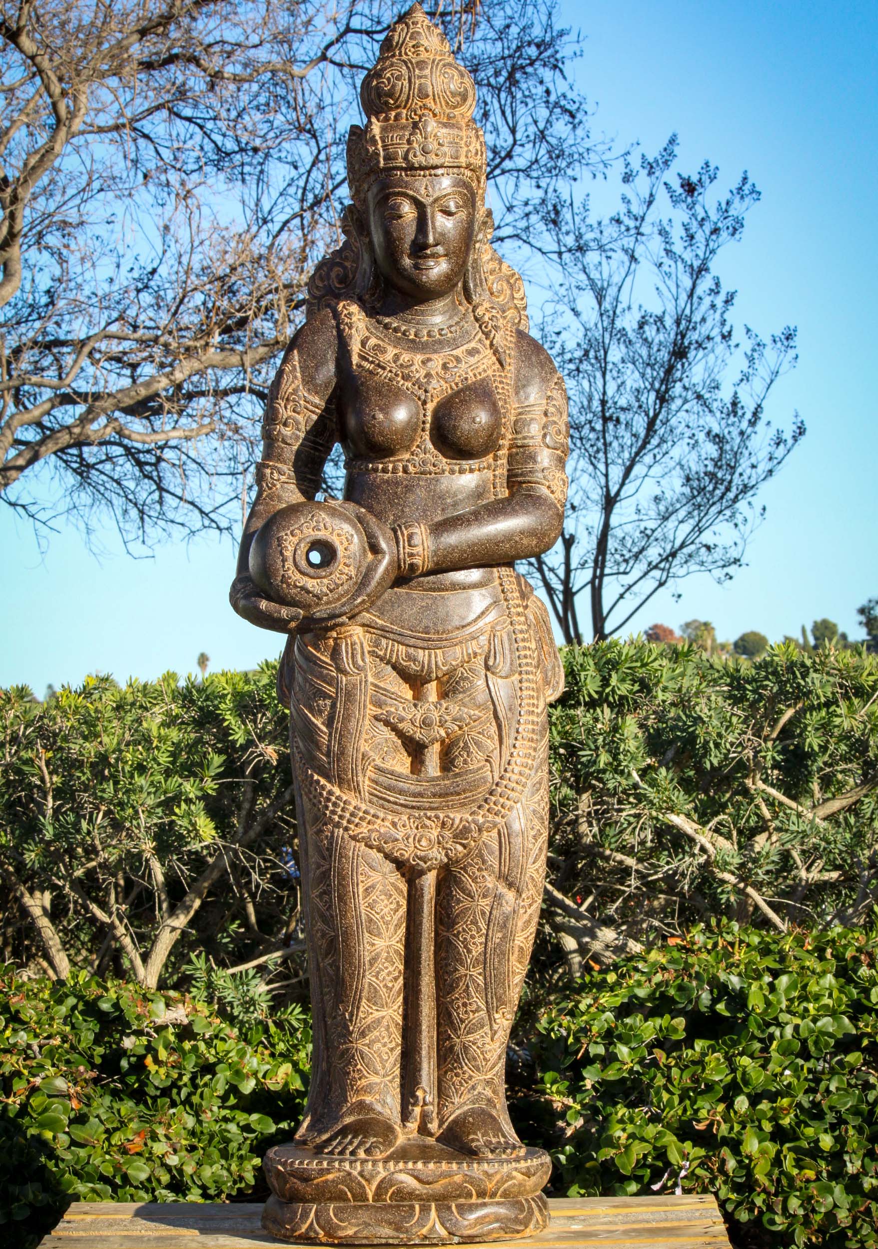 Beautiful Dark Saffron Lava Stone Standing Devi Tara Sculpture Holding Water Jug 60