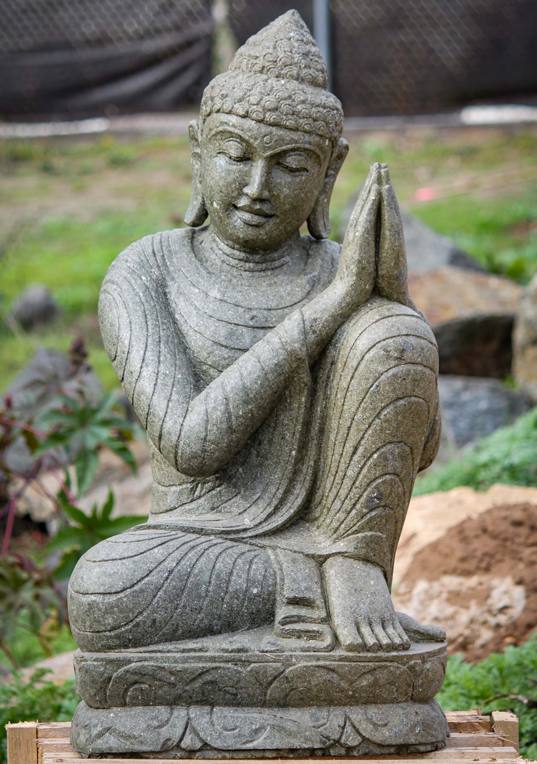 Lava Stone Garden Buddha Sculpture Resting in Namaste Anjali Post Perfect for Garden 39"