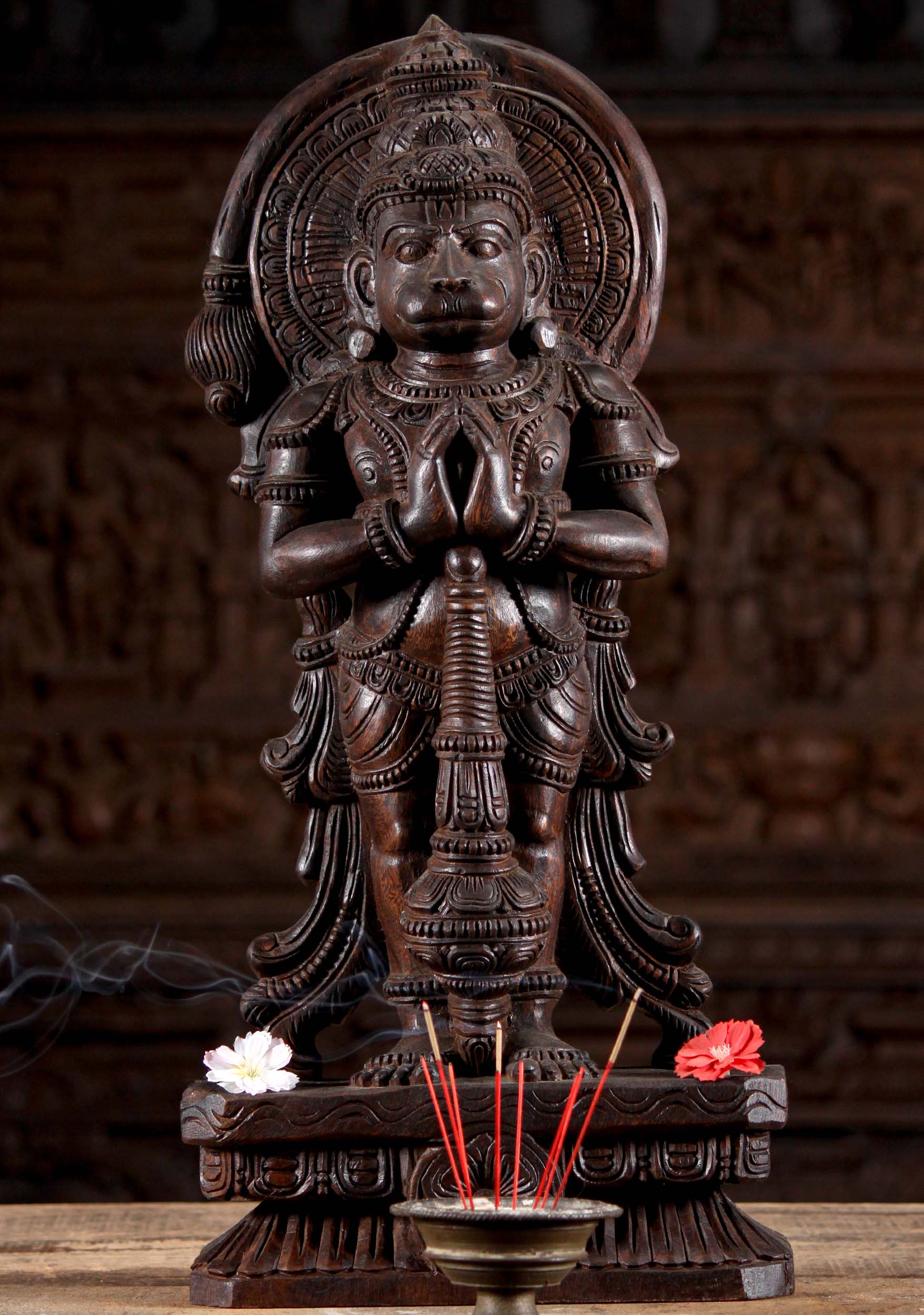 Namaste Wooden Hanuman Statue Holding a Club Standing on a Lotus Flower Base 24"