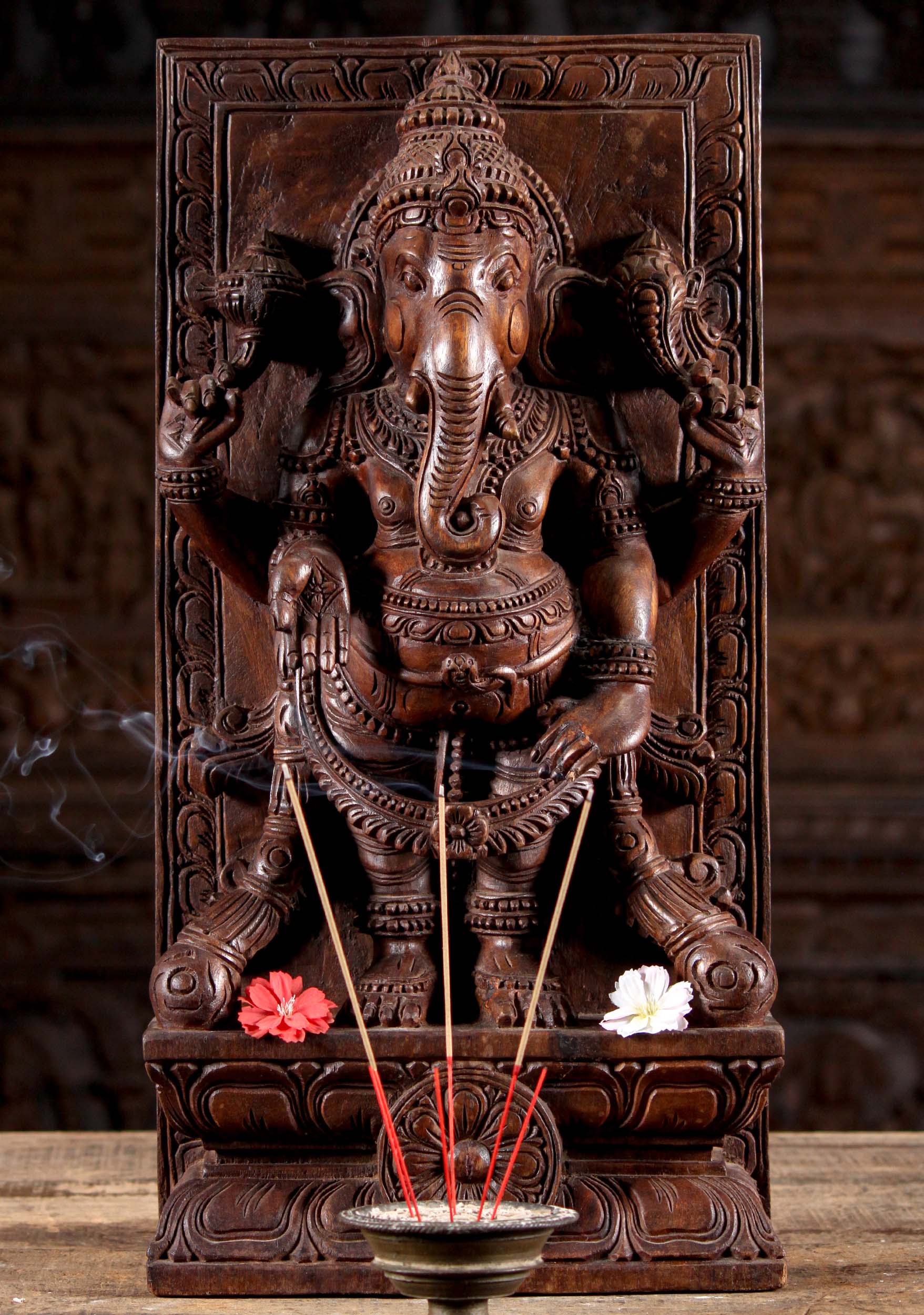 Neem Wood Standing Ganesh Panel Sculpture in Varada Mudra Granting Blessings 24"