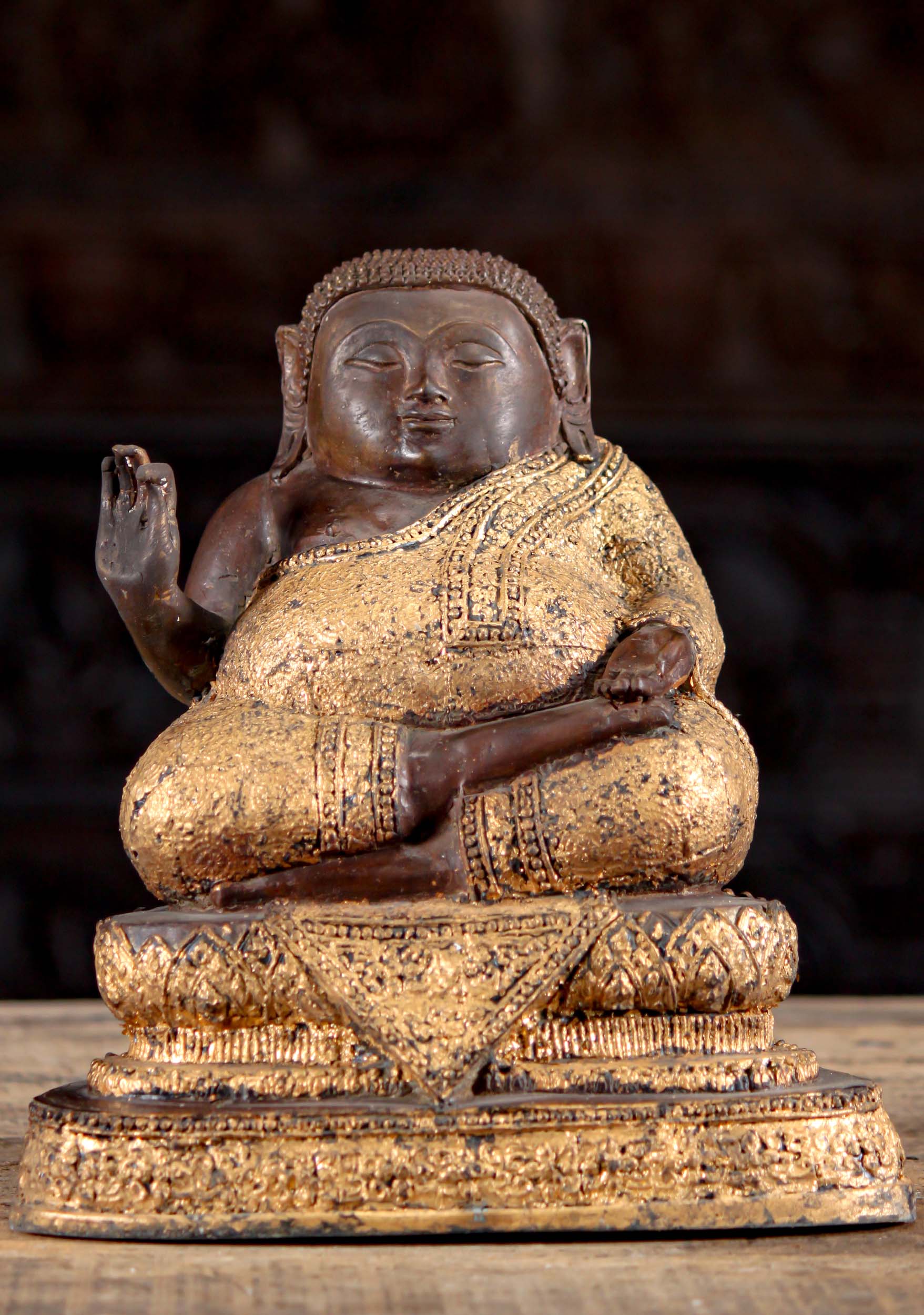 Thai Brass Fat & Happy of Wealth Songachai Statue  in Vitarka Mudra of Teaching the Dharma 12"