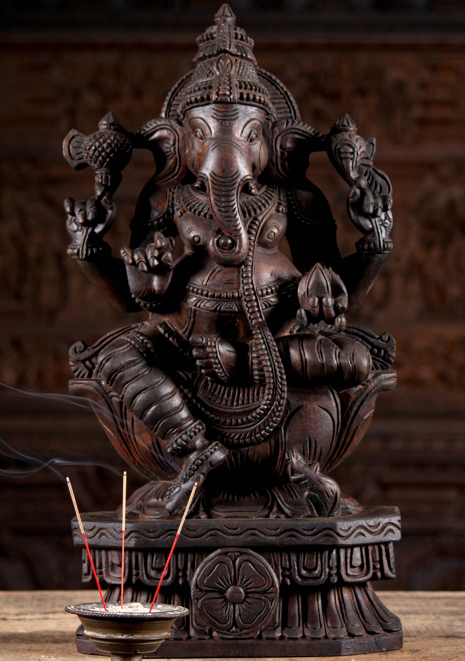 Wood Hand Carved Seated Ganesha Statue With Mooshika and Tusk on Lotus Base 24"