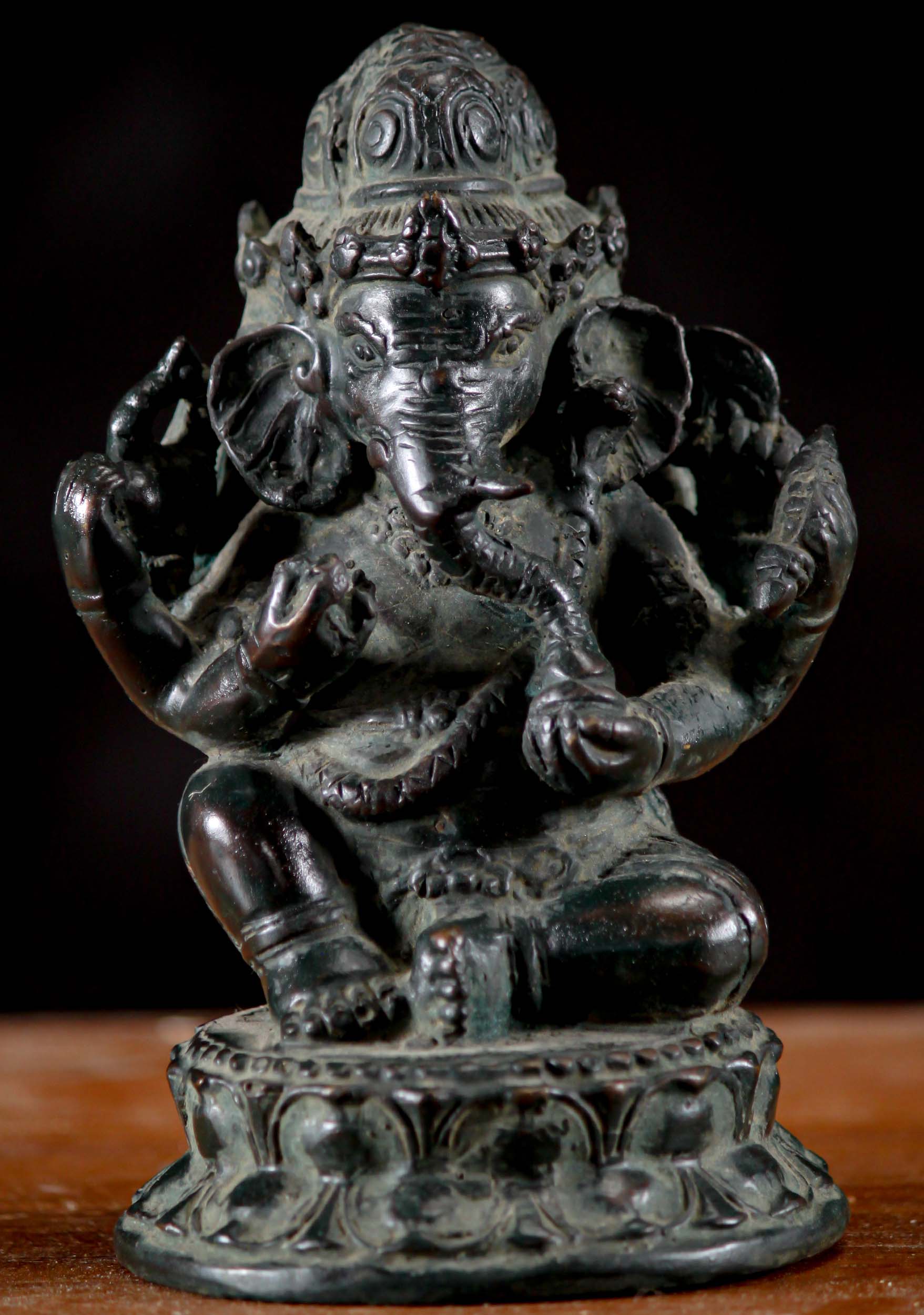 Small Brass Statue of Ganesha Remover of Obstacle with Three Faces on Lotus Base 6"