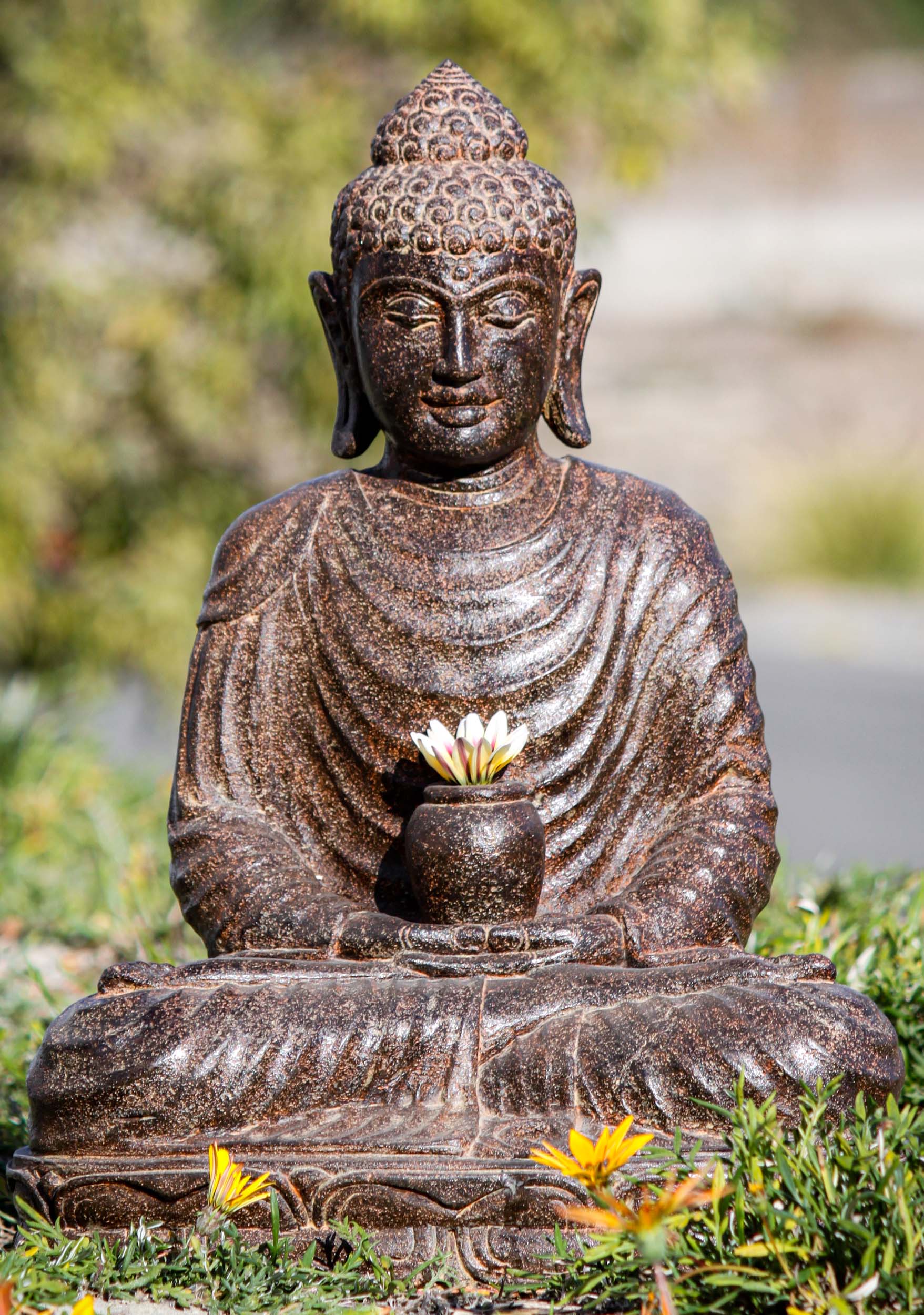 Stone Garden Buddha Sculpture Holding Alms Bowl in Dyhana Mudra Perfect ...