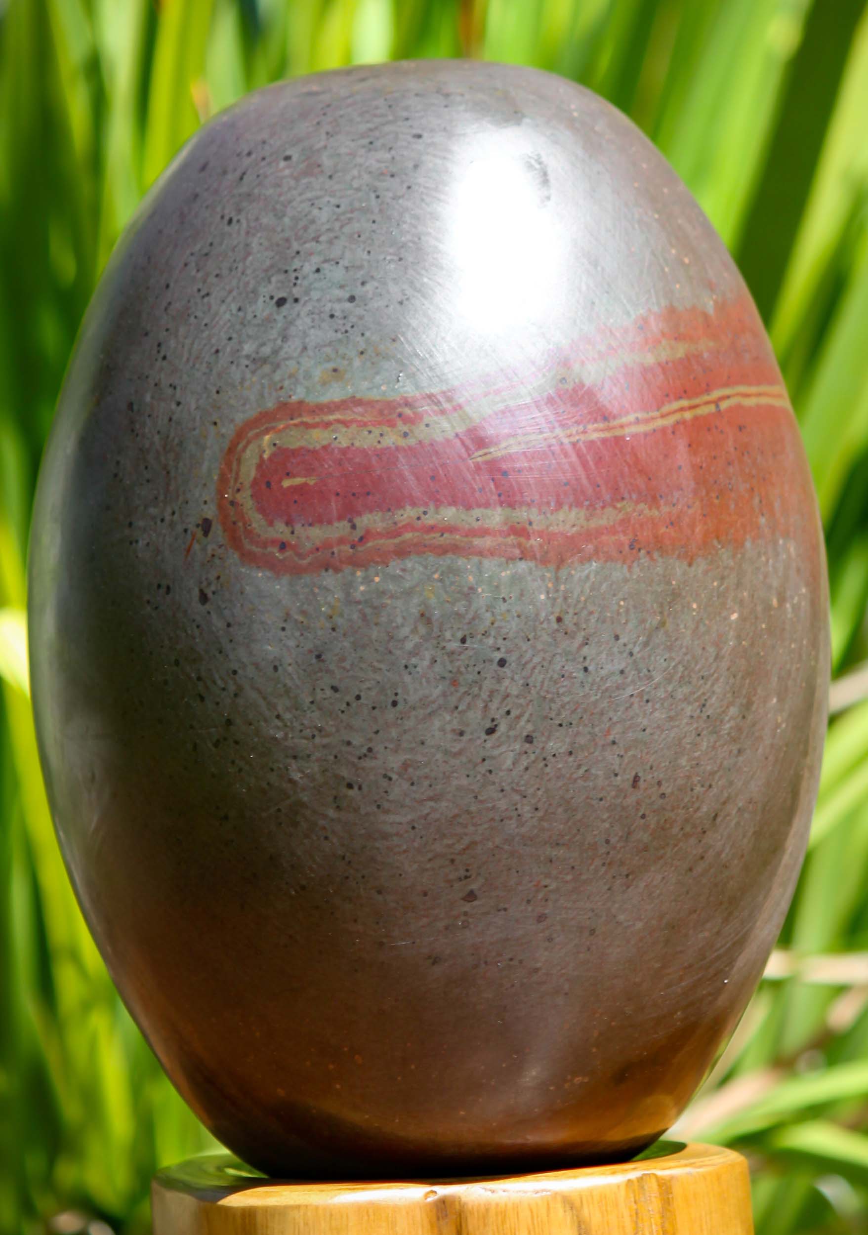 Gray and Red Narmada Shiva Lingam Stone with Lines Representing Shiva as a Pillar of Fire 9"