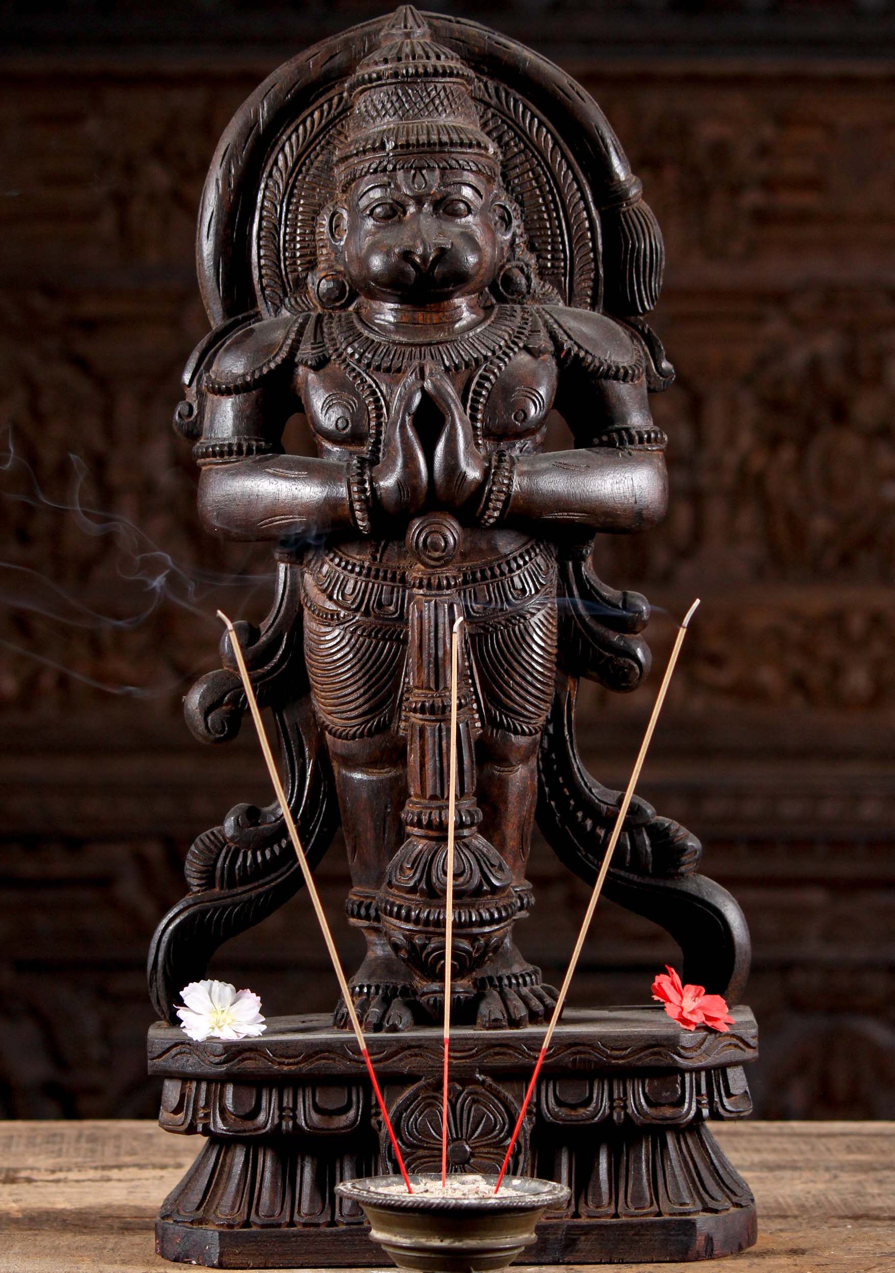 Standing Namaste Wooden Hanuman Statue Holding a Club on a Lotus Flower Base 24"