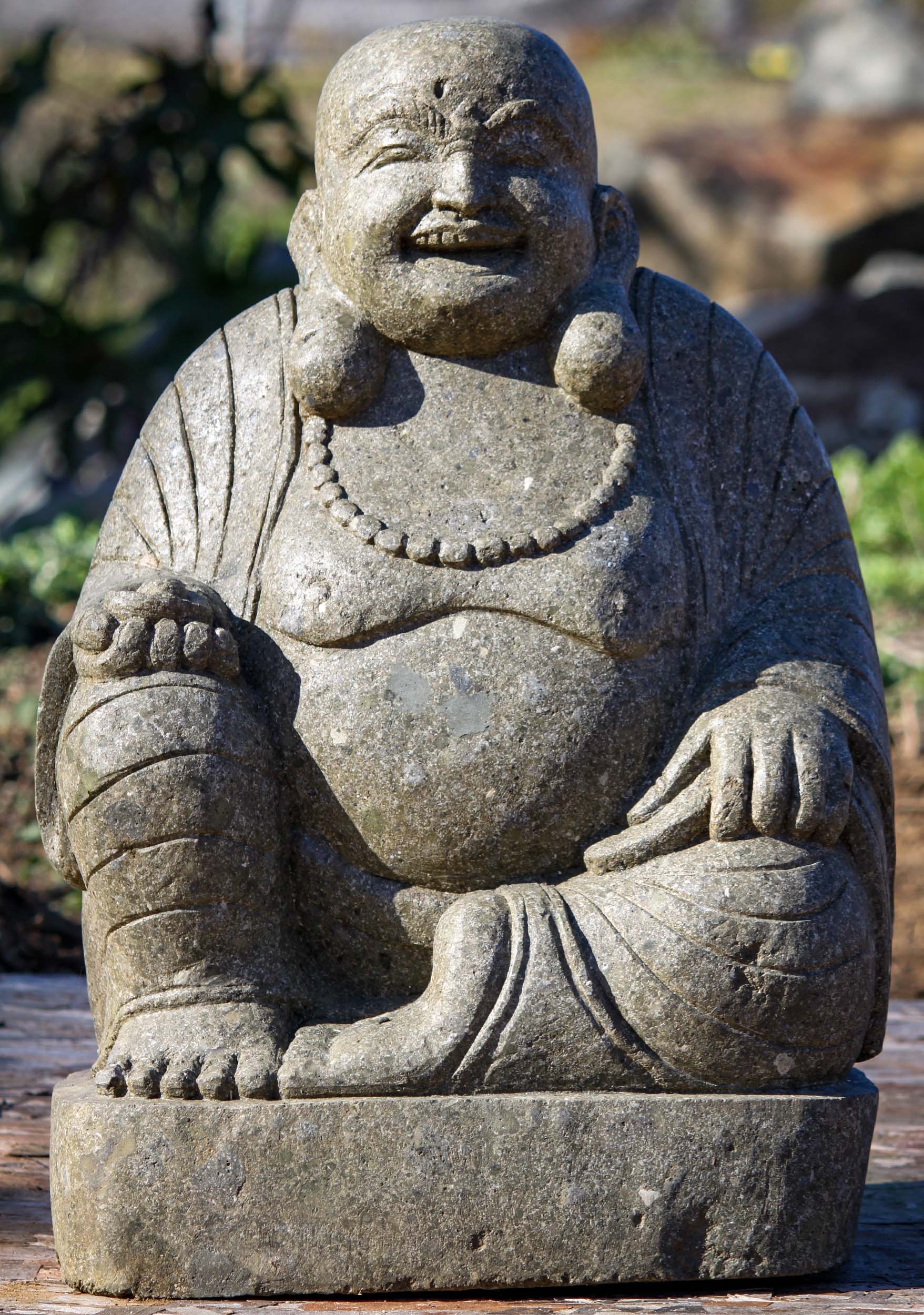 Lava Stone Seated Fat & Happy Laughing Lucky Garden Buddha Sculpture 25"