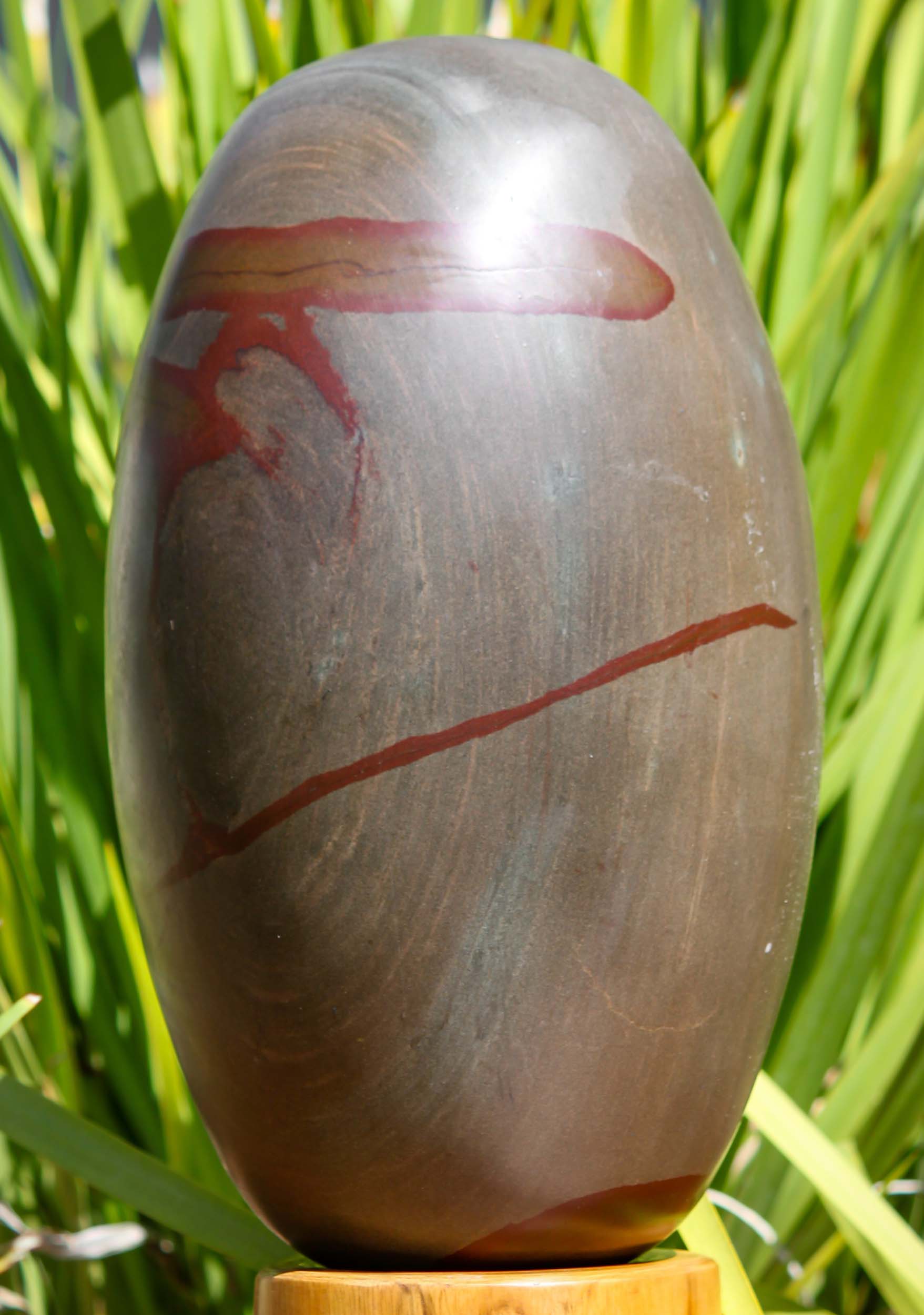 Large Grey Narmada Stone Shiva Lingam with Red Markings Representing Shiva as a Pillar of Fire