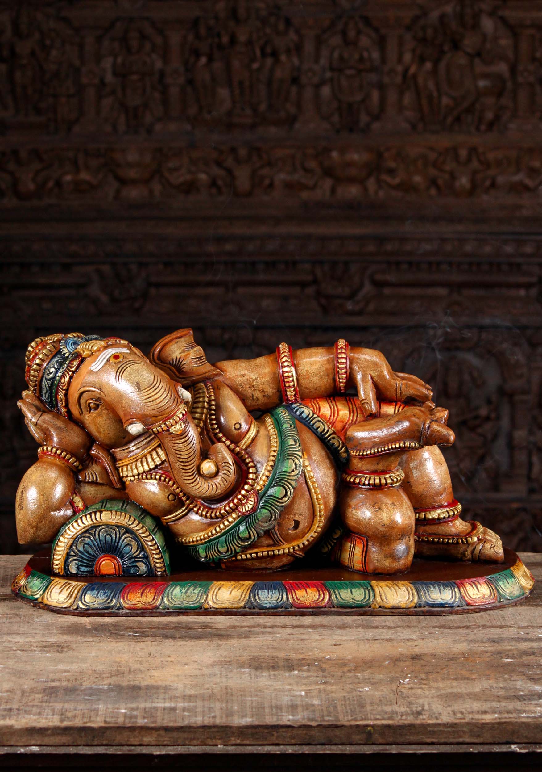 Painted Wooden Ganesh Statue in a Completely Relaxed Pose Reclining on a Pillow 26"