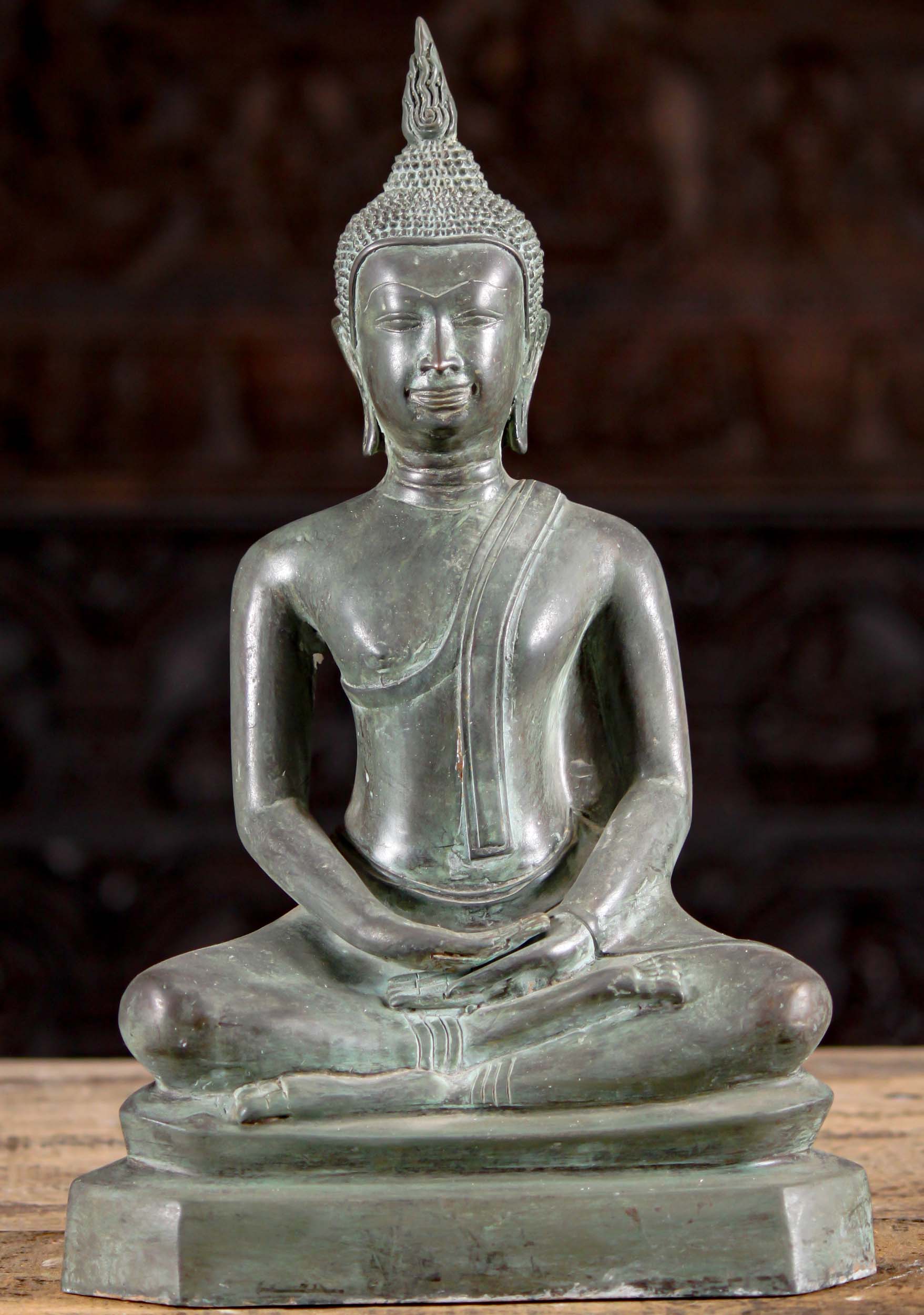 Seated Thai Brass Uttong Style Buddha Sculpture in Dhyana Mudra of Meditation 12"