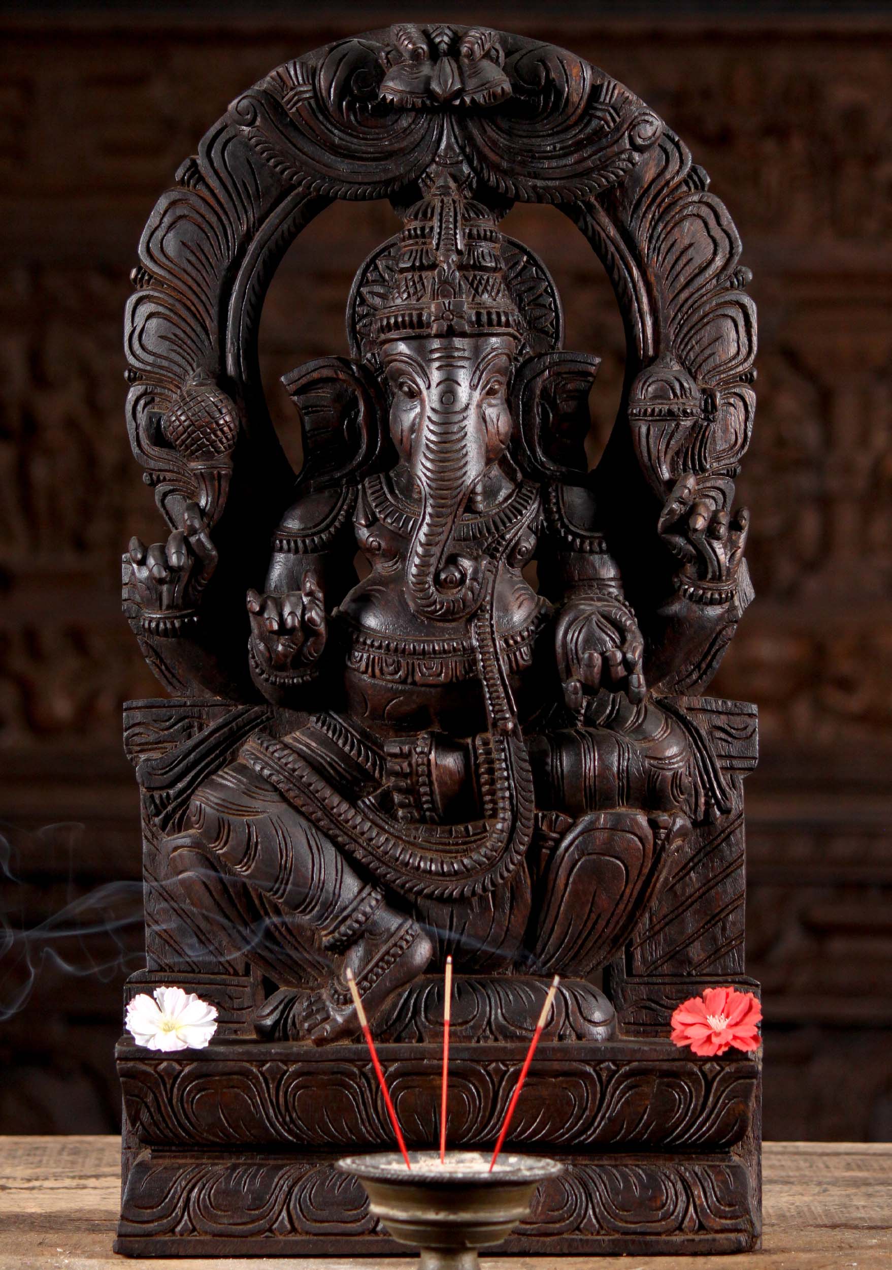 Wood Ganesha Seated Under Arch Hand Carved Neem Wood Statue 24"