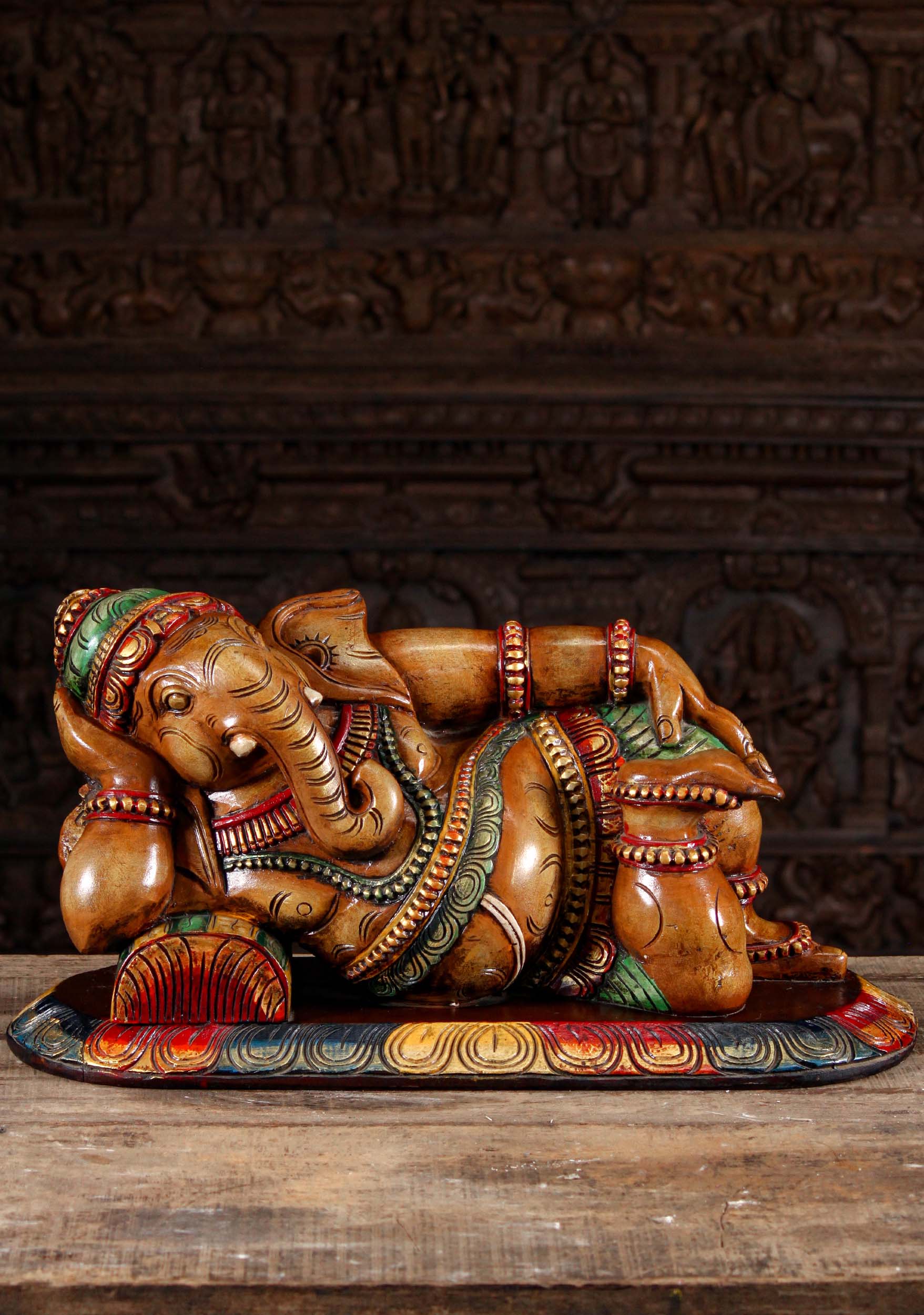 Painted Neem Wood Ganesh Statue in a Completely Relaxed Pose Reclining on a Pillow 29"