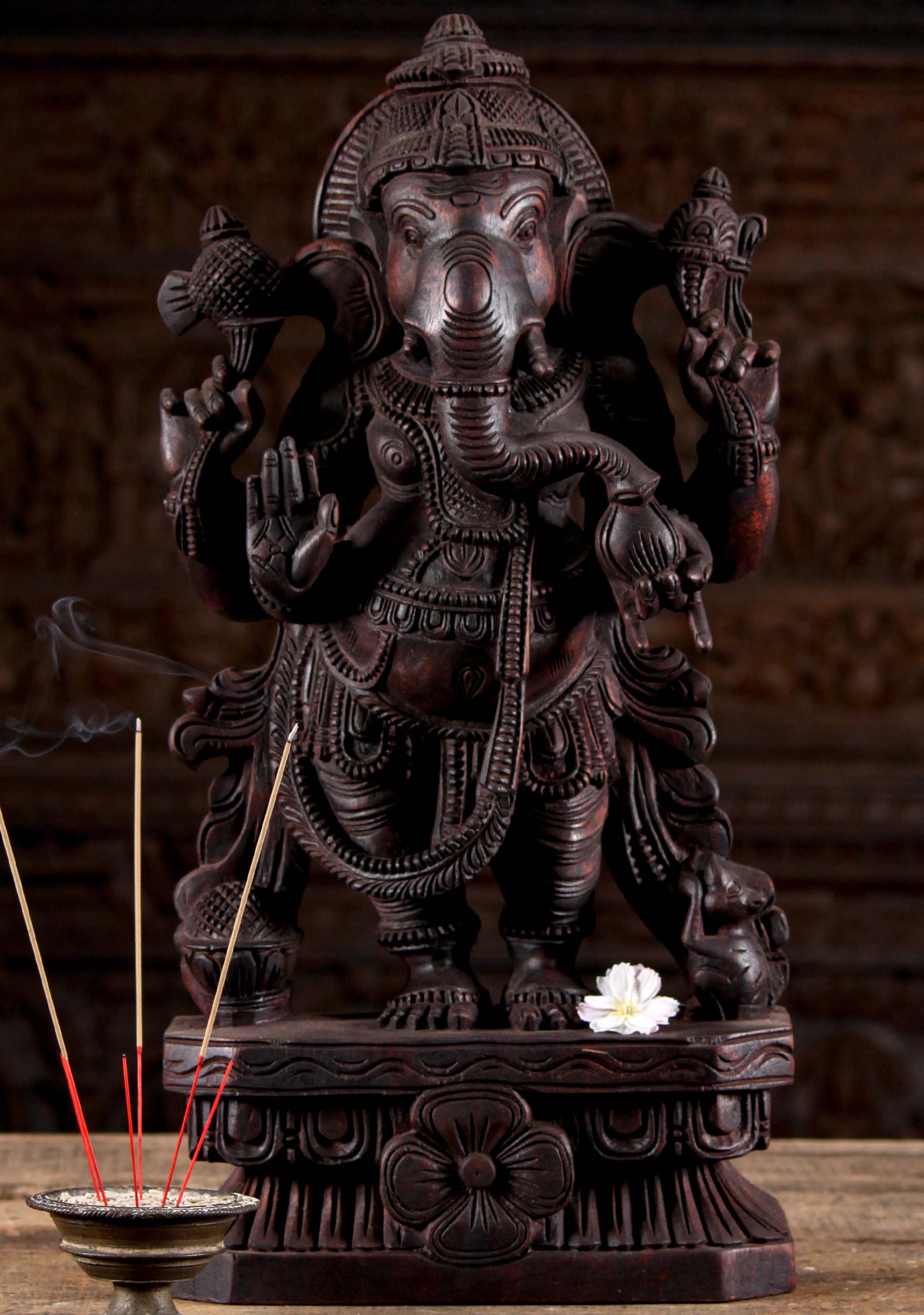 Wood Standing Abhaya Mudra Ganesh Holding His Mango on a Lotus Base Statue 24"