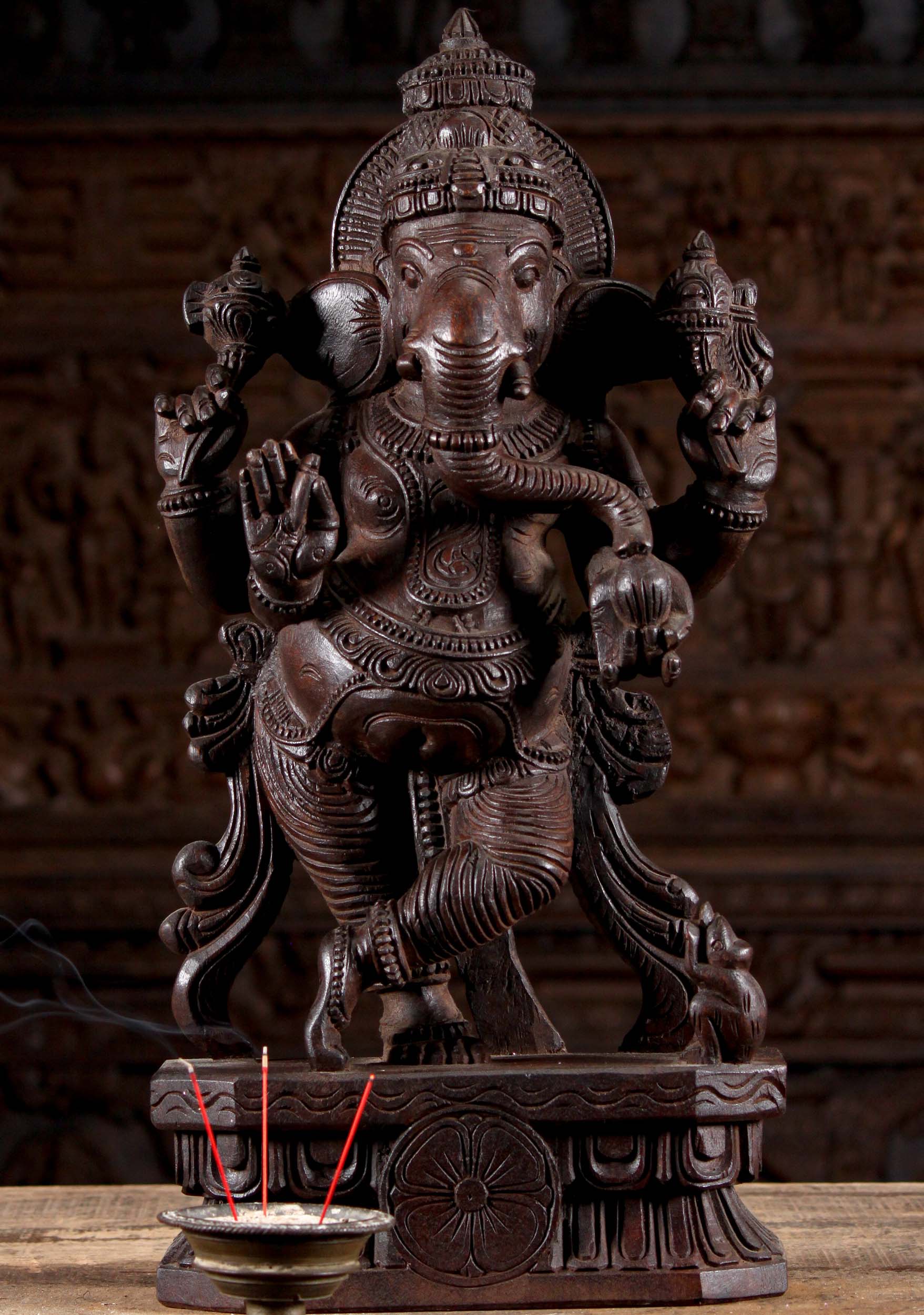 Standing Neem Wood Ganesha Statue Hand Carved on Lotus Base with Mooshika Rat 24"