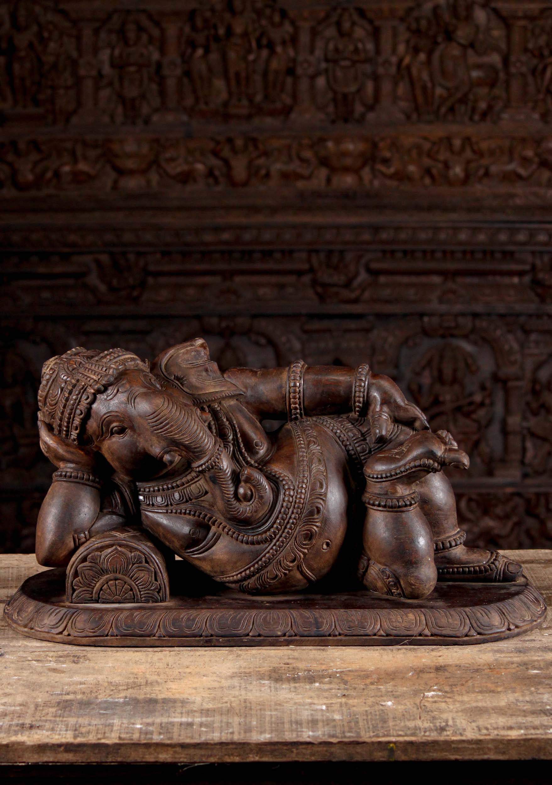 Hand Carved Neem Wood Ganesh Statue in a Relaxed Pose Reclining on a Pillow 28"