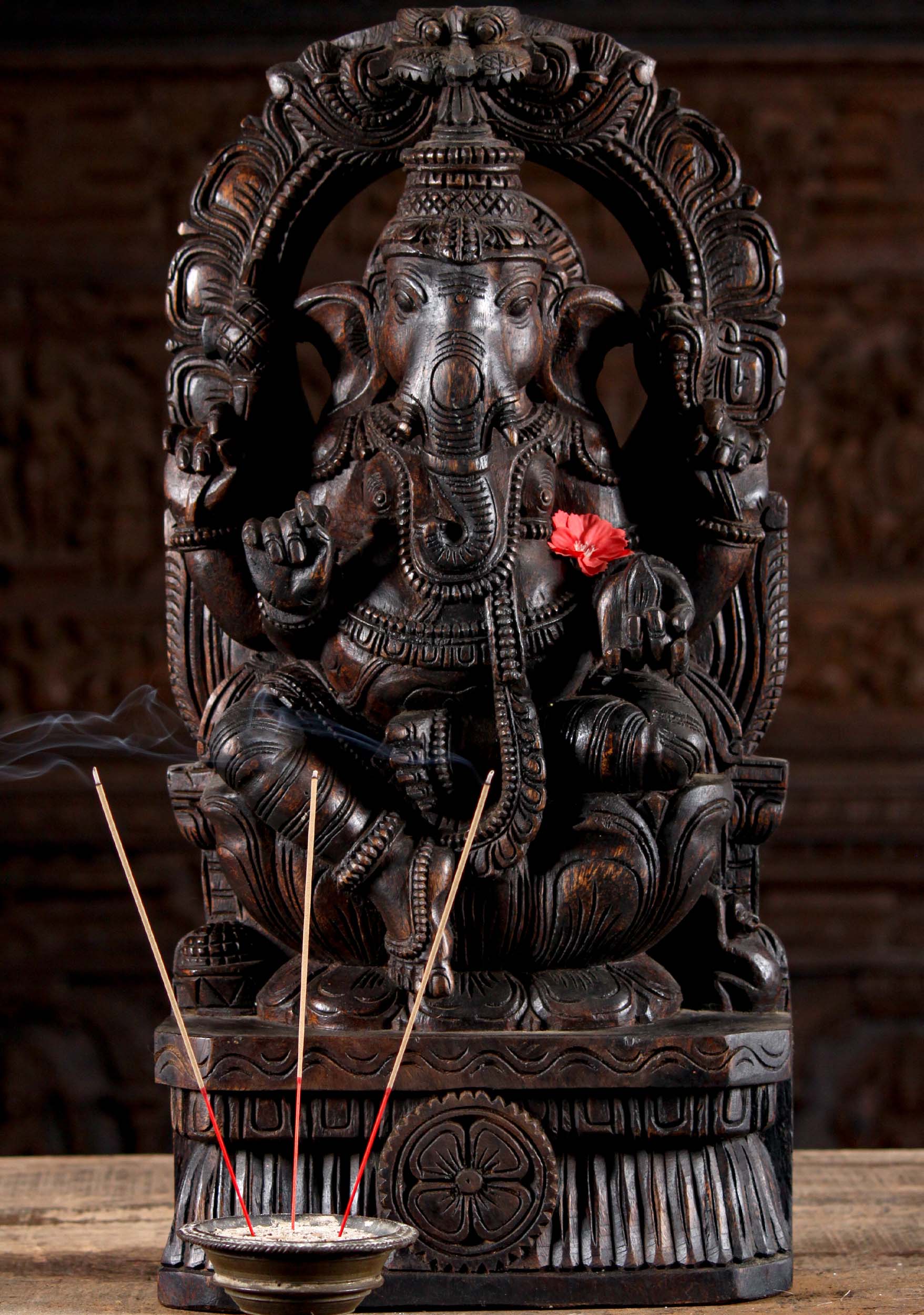 Wooden Seated Ganesha Under Arch in Abhaya Mudra Hand Carved Neem Wood Statue 24"