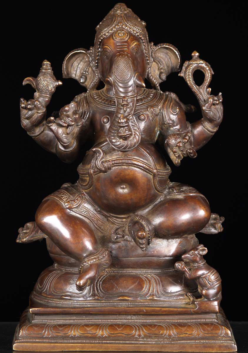 Brass Classic Pose of Ganesha Seated with Wearing Cobra Belt and His Vehicle the Rat Mooshika 1