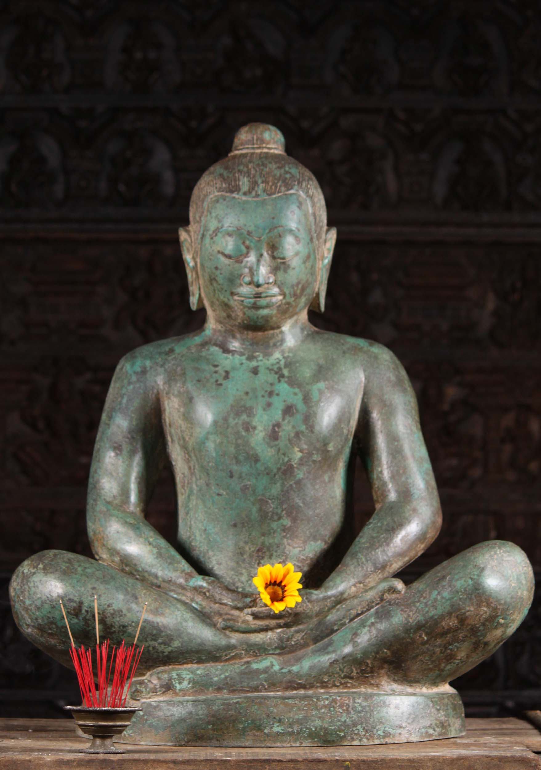 Brass Meditating Khmer King Jayavarman Statue in Beautiful Antique Green Patina 37"