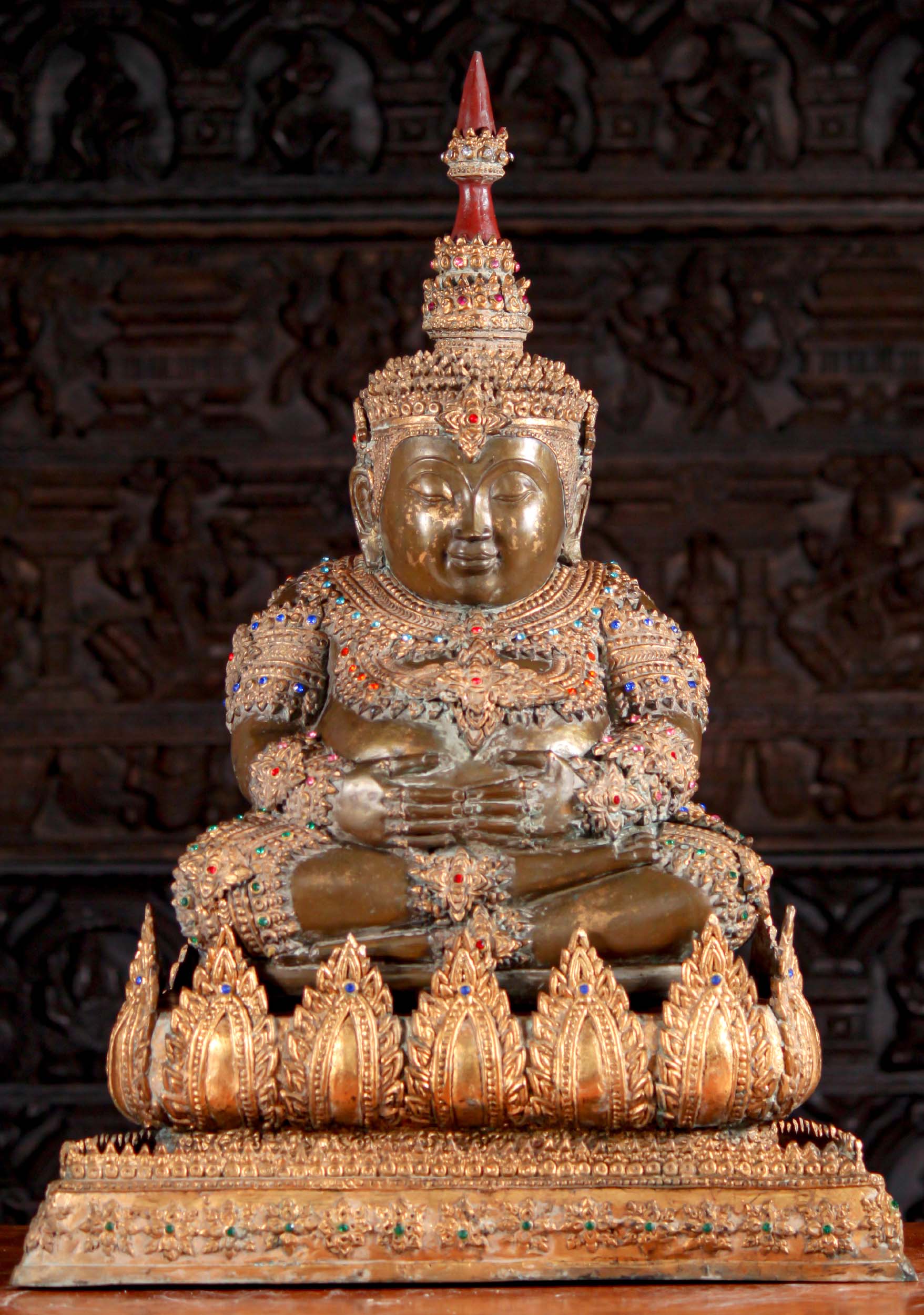 Masterpiece Thai Brass Seated Royal Songachai Statue Adorned in Jewels and Gold 34"