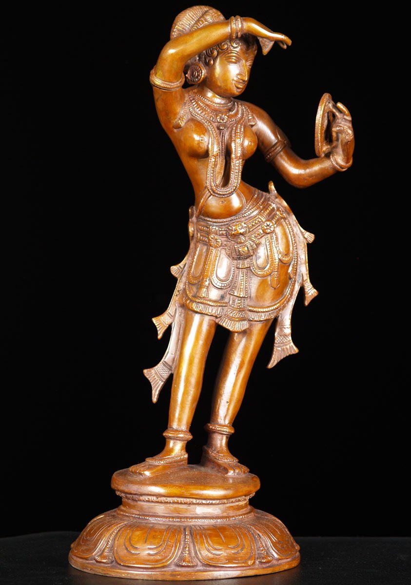 Brass Devi Statue with Her Hand Over Her Head Gazing Into a Mirror on Circular Lotus Base 14"