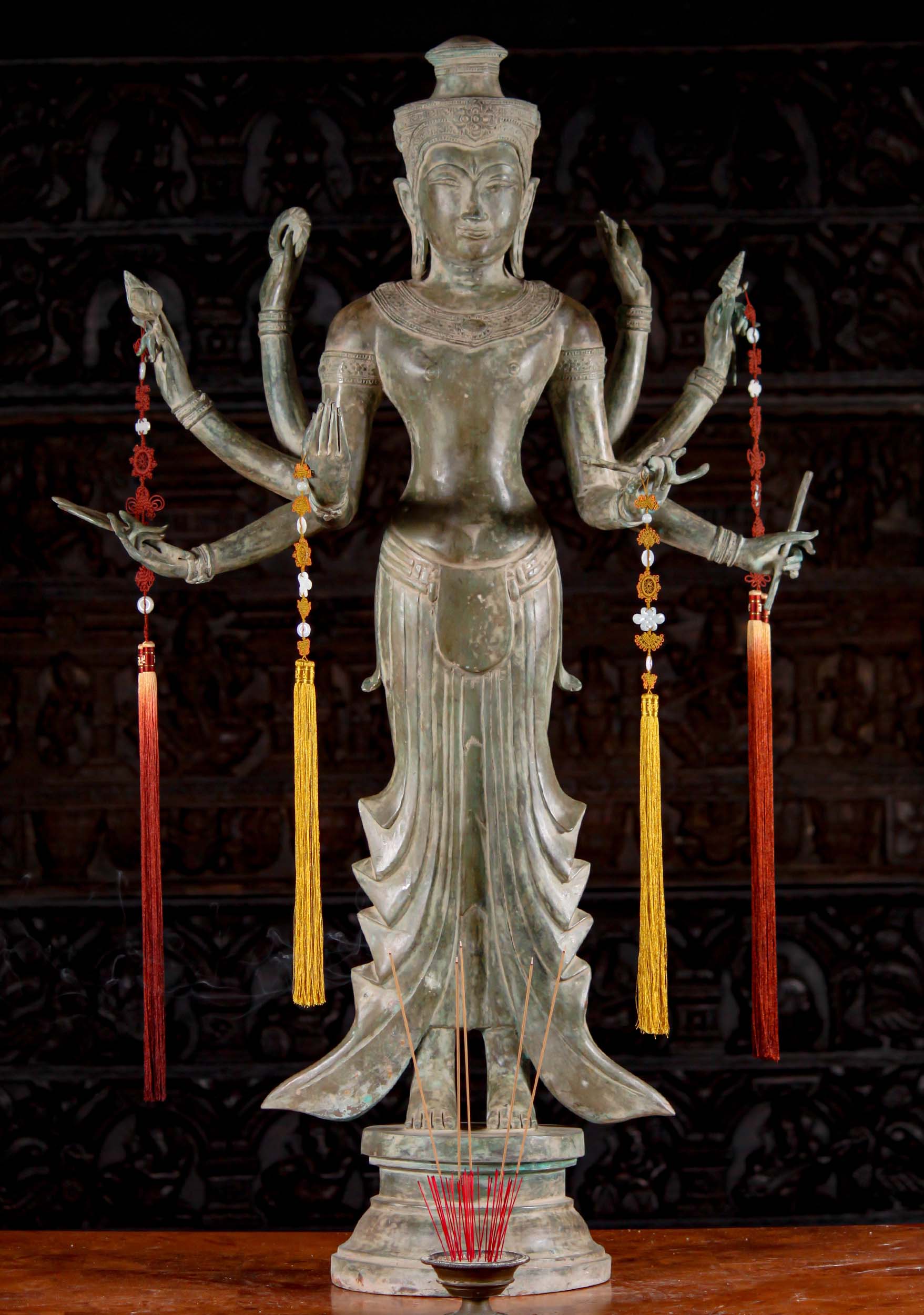 Brass 8 Armed Vishnu Statue Holding Trident, Lotus Flower, Discus, Conch & Ghandi Stick 50"