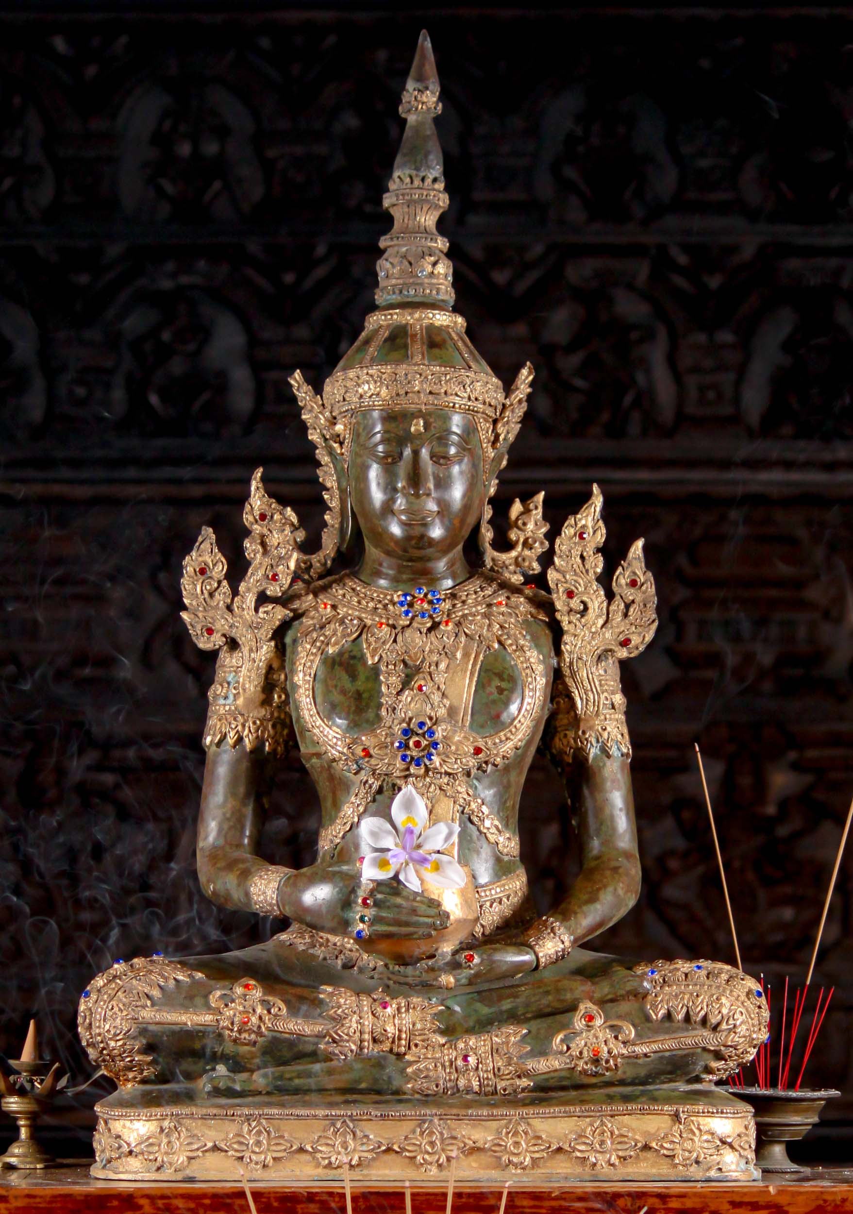 Antique Green Patina Thai Brass Seated Royal Buddha Sculpture with Alms Bowl 34"