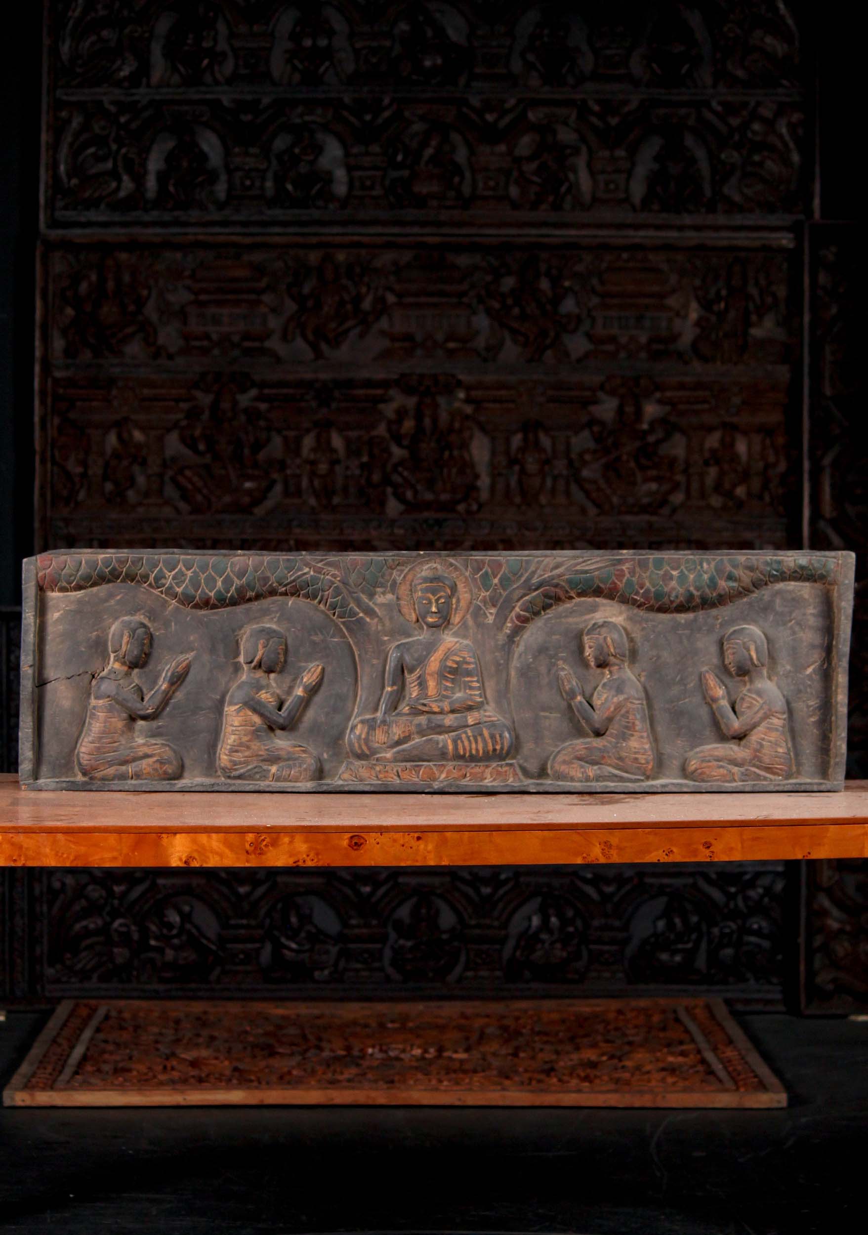 Hand Carved and Painted Wooden Wall Panel of Lord Buddha Seated Under Bodhi Tree Sculpture 48"