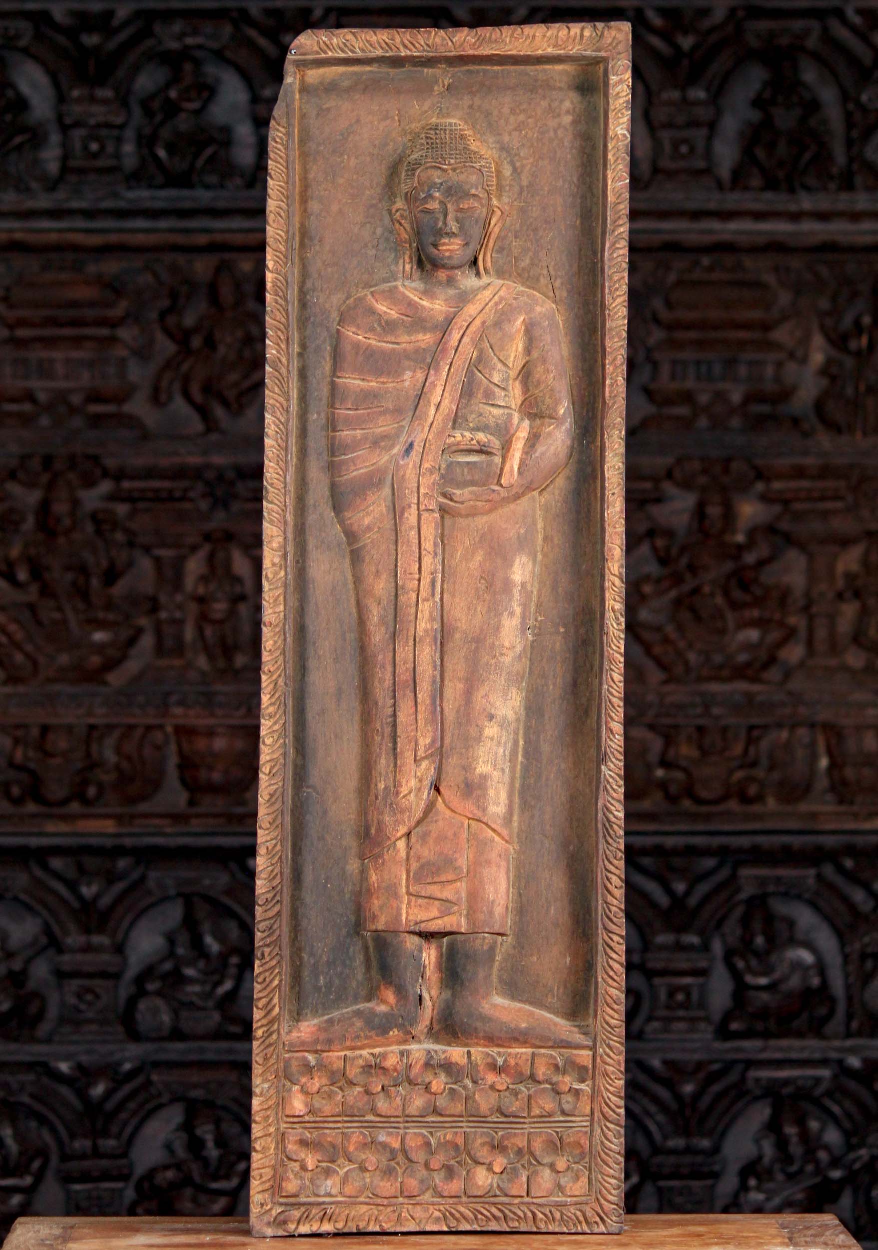 Reclaimed Antique Teak Wood Standing Buddha Holding Small Alms Bowl Wall Panel 40"