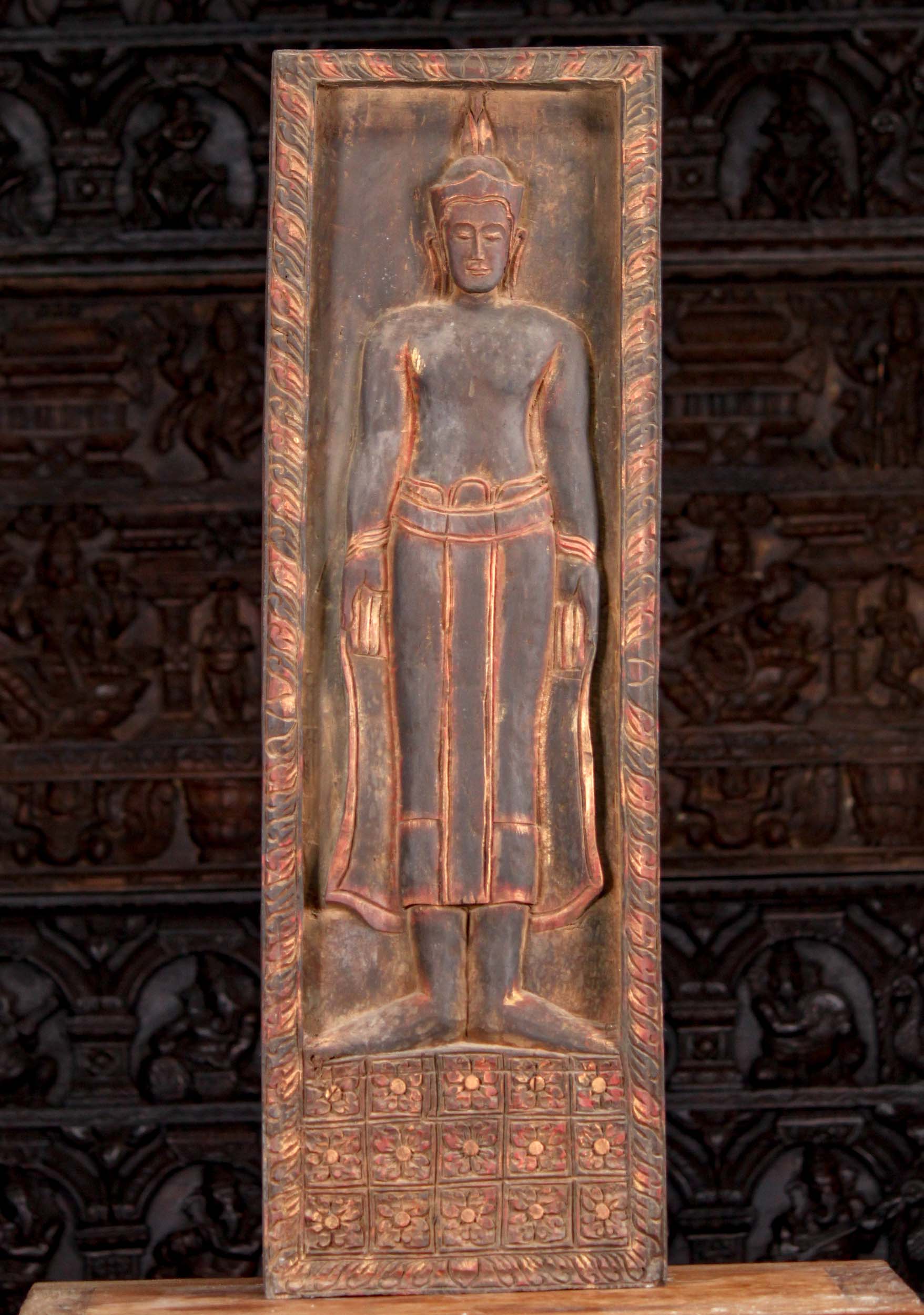 Reclaimed Antique Teak Wood Standing Buddha with Arms by Side Wall Panel 39"