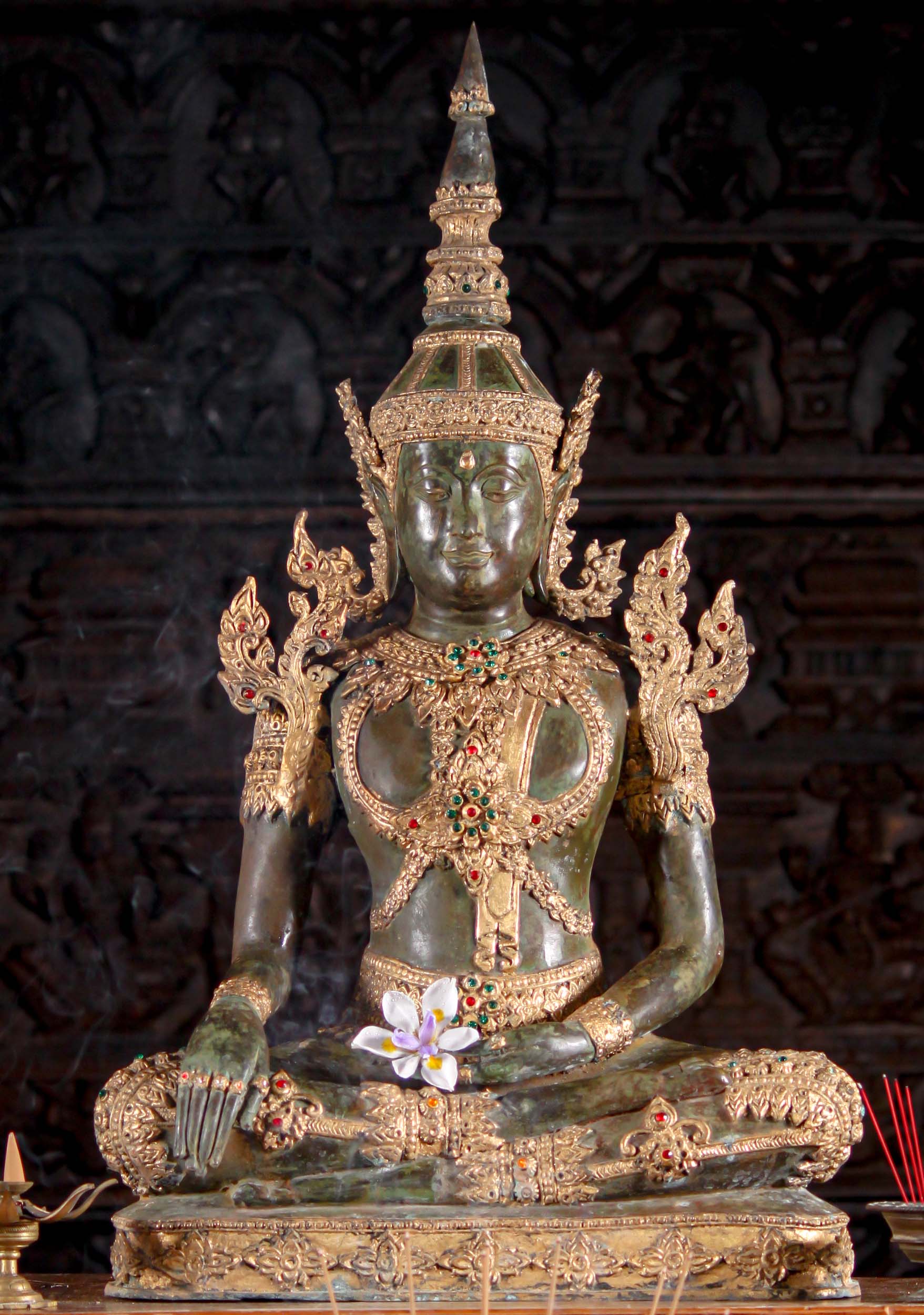 Earth Touching Thai Brass Seated Royal Buddha Sculpture with Gold Leaf 34"