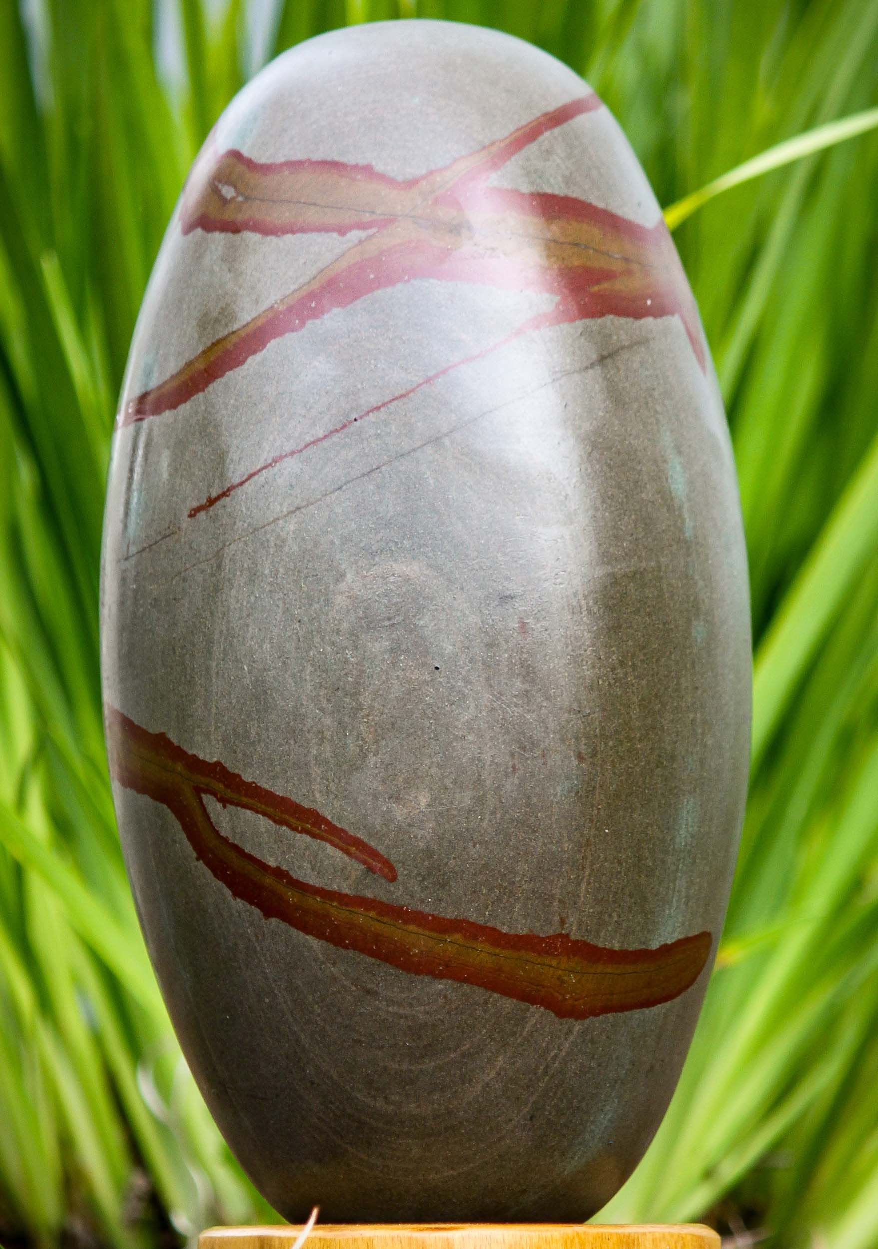 Gray & Red Narmada Shiva Lingam Stone with Stripes Representing Shiva as a Pillar of Fire 12"