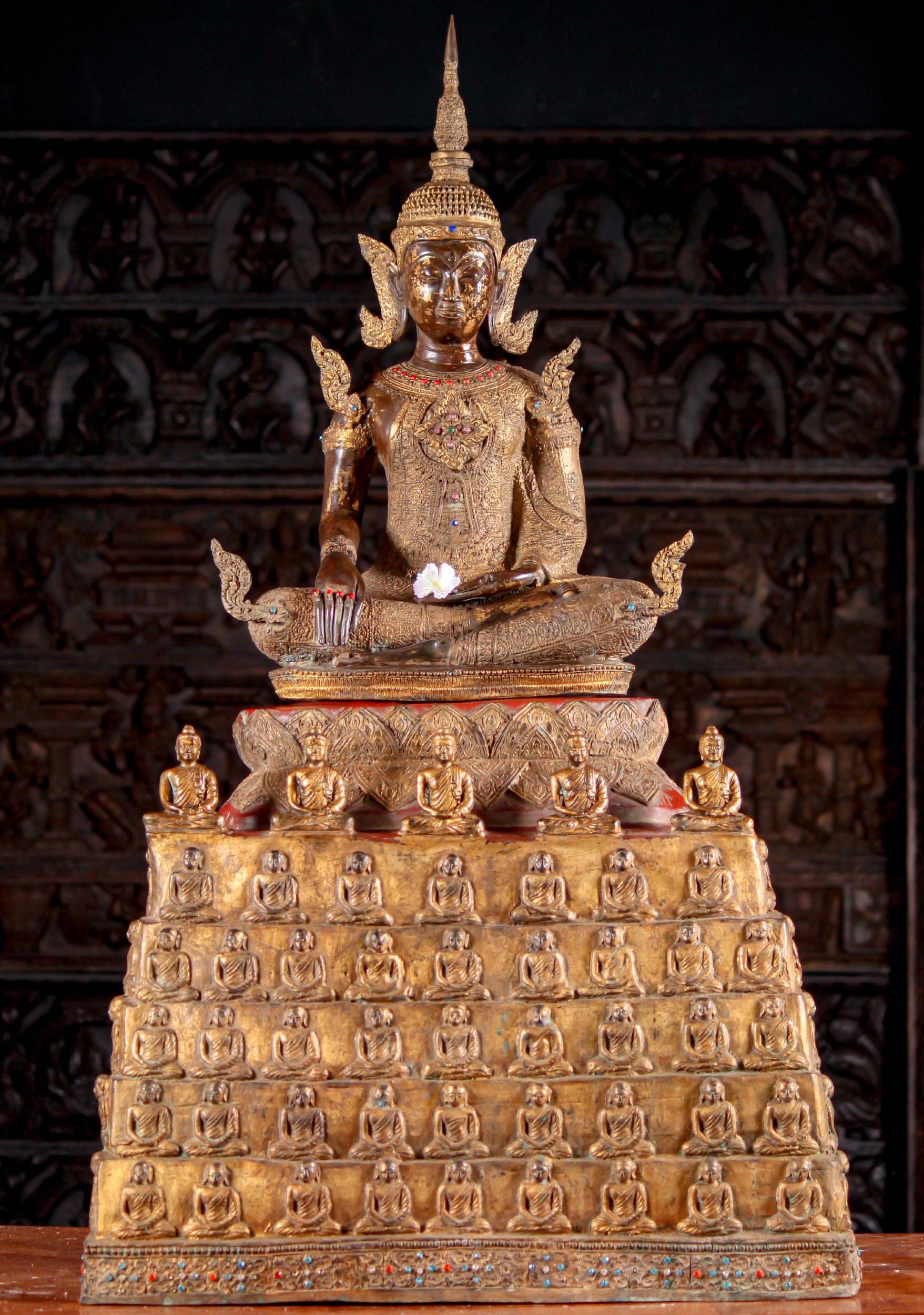 Brass Rattanokosin Style Buddha Statue Seated Atop Magnificient Throne with 108 Buddhas 48"