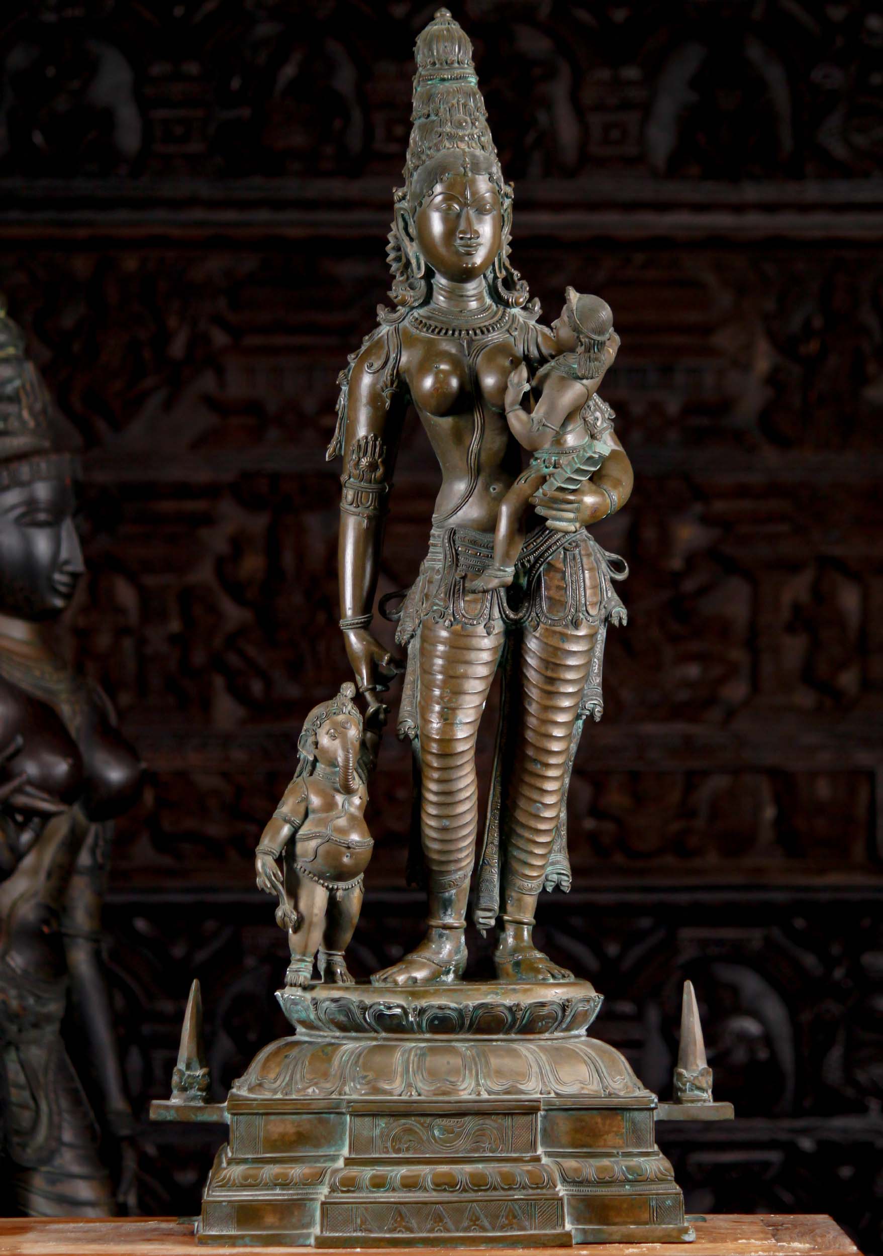 Beautiful Indian Bronze Murti of Loving & Motherly Parvati with Sons Ganesh & Murugan 36"