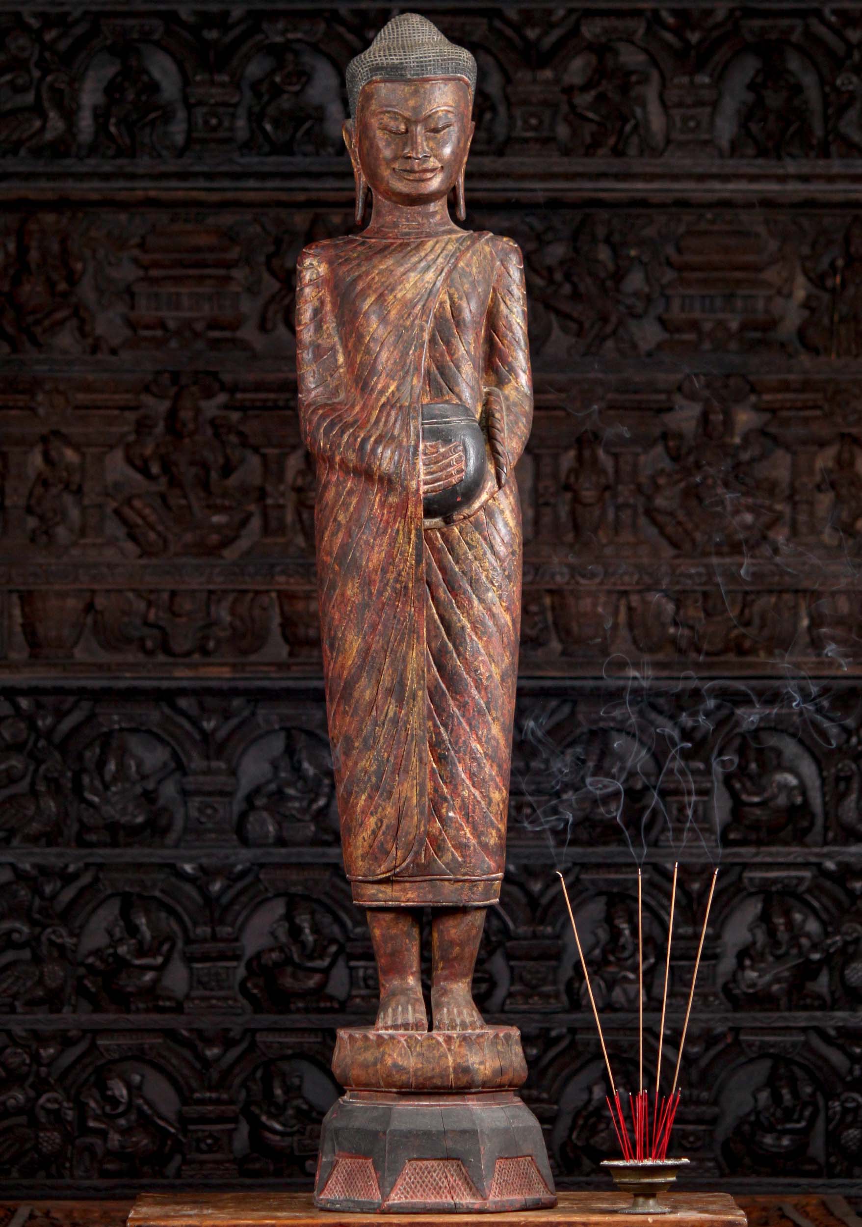 Wooden Hand Carved Antique Patina Standing Cambodian Buddha Holding Alms Bowl 57"