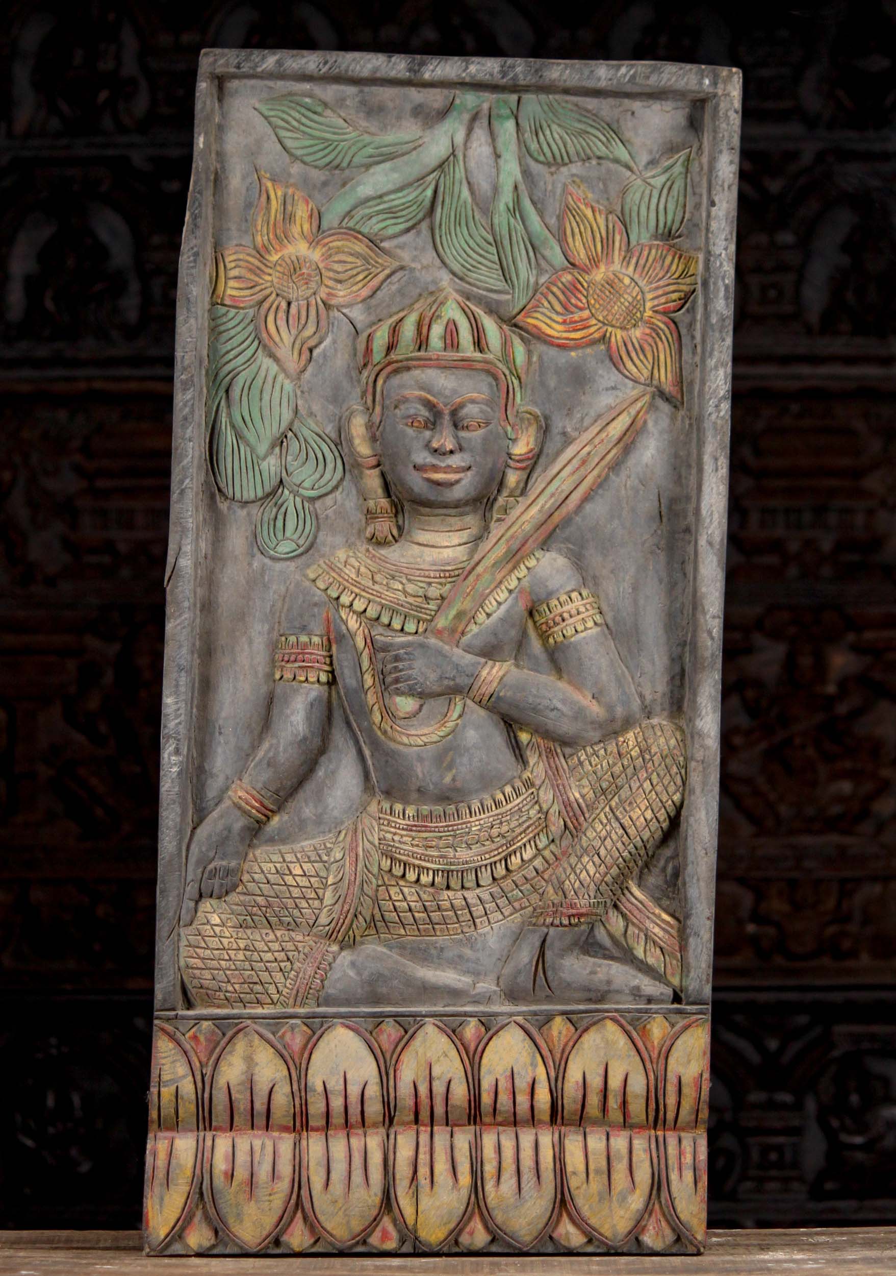 Hand Carved Reclaimed Wood Painted Rajalila Asana Angkor Warrior Panel 40"