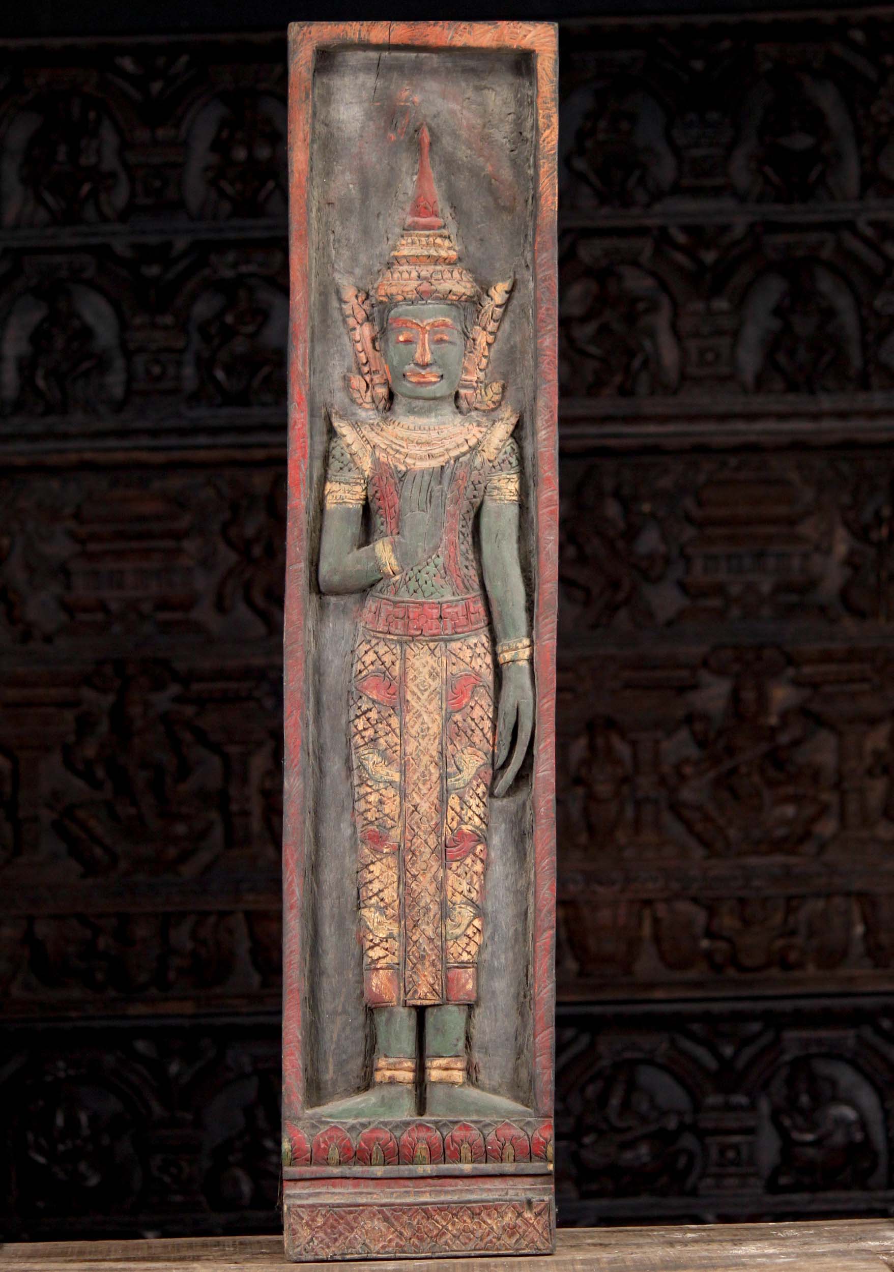 Protection Gesture Standing Abhaya Mudra Khmer Buddha Panel Carved from Reclaimed Wood Statue 4