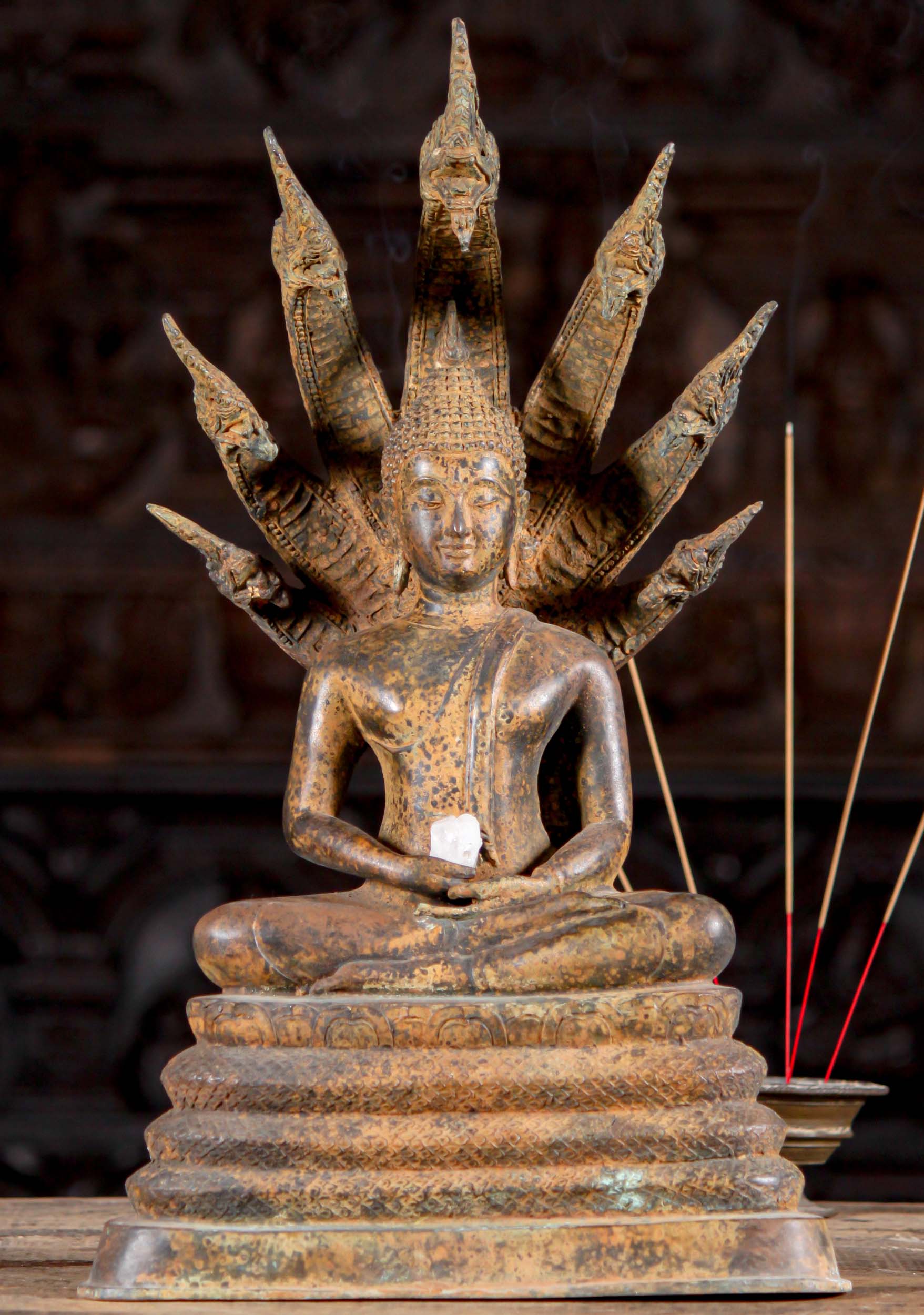 Best Selling Brass Meditating Saturday Buddha Statue Seated Beneath Naga King Muchalinda 21"