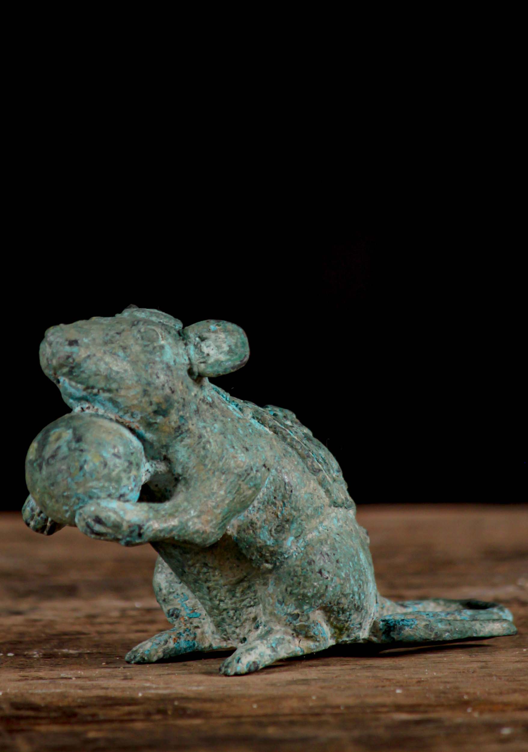 Small Brass Statue of Mooshika, Ganesha's Rat Vehicle Holding Laddu for Lord Ganesha 4"