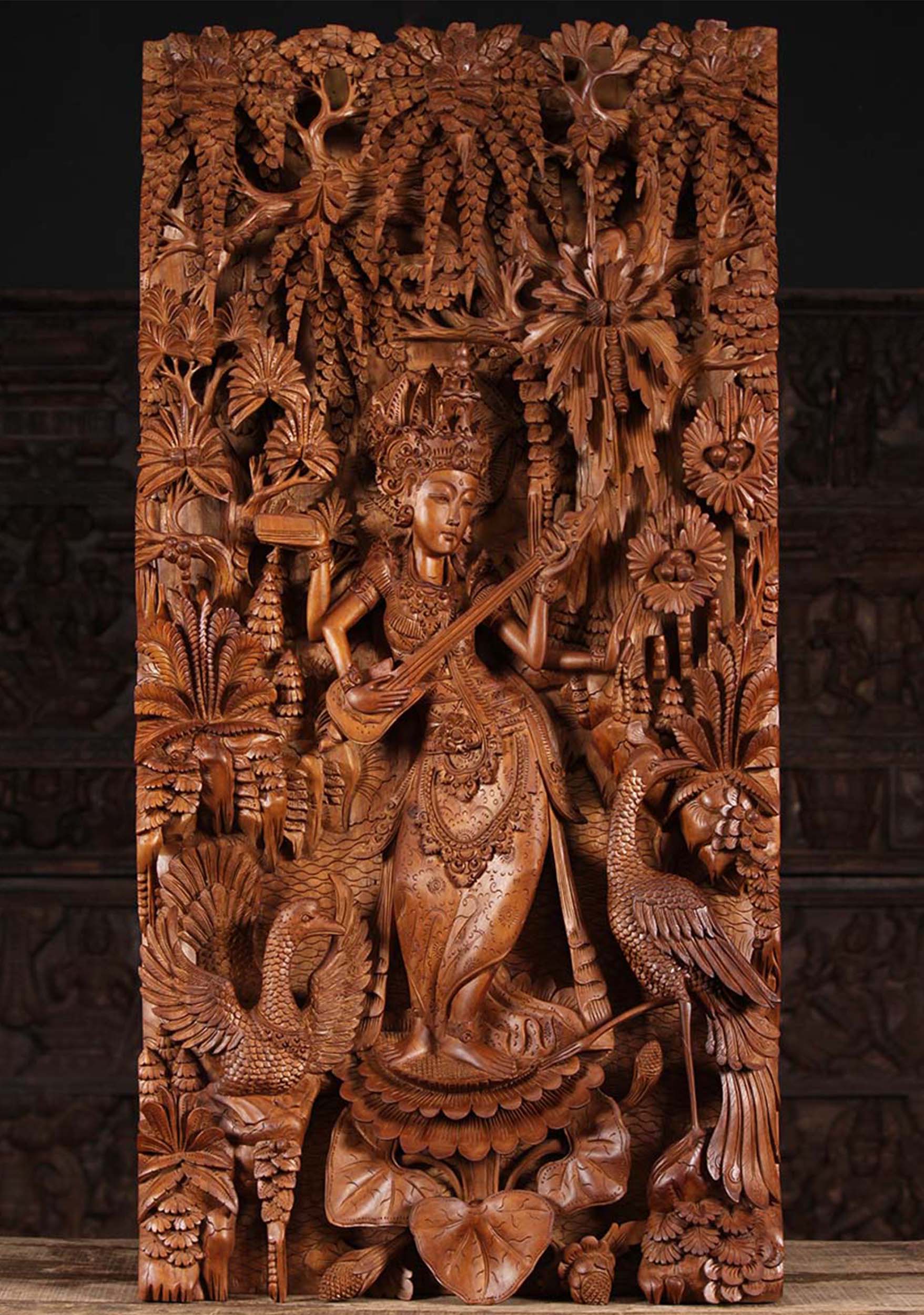 Beautifully Hand Carved Hindu Goddess of Knowledge, Saraswati Wood Panel 30"