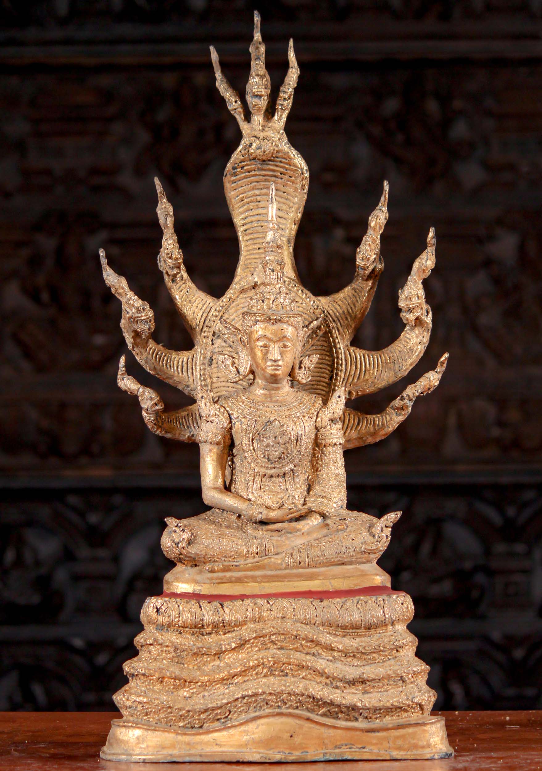 Antique Gold Leaf Buddha Meditating Beneath Naga King, Muchalinda Before Enlightenment 27"